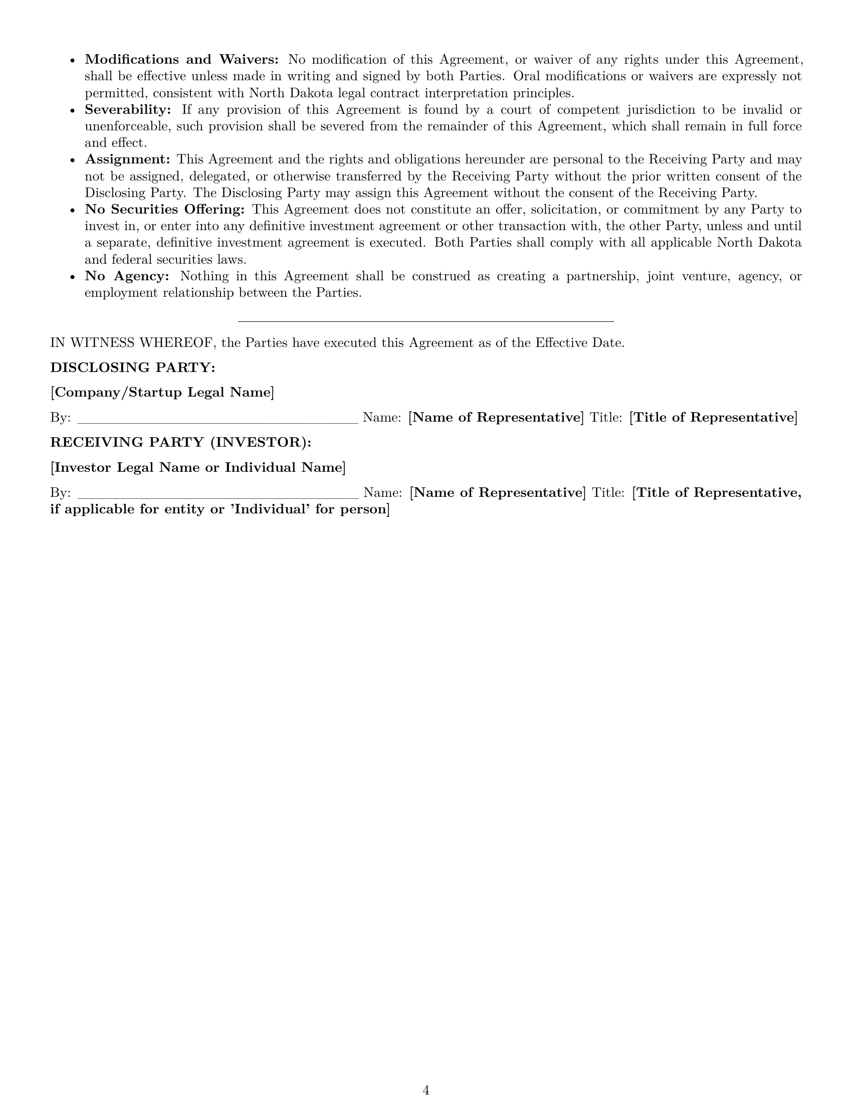 Preview page 4 of Pro North Dakota investor nda template