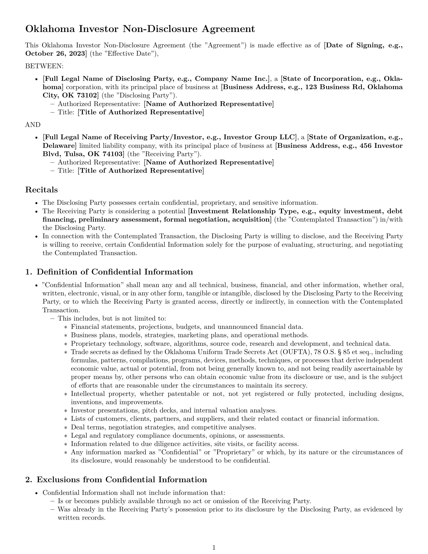 Preview page 1 of Pro Oklahoma investor nda template