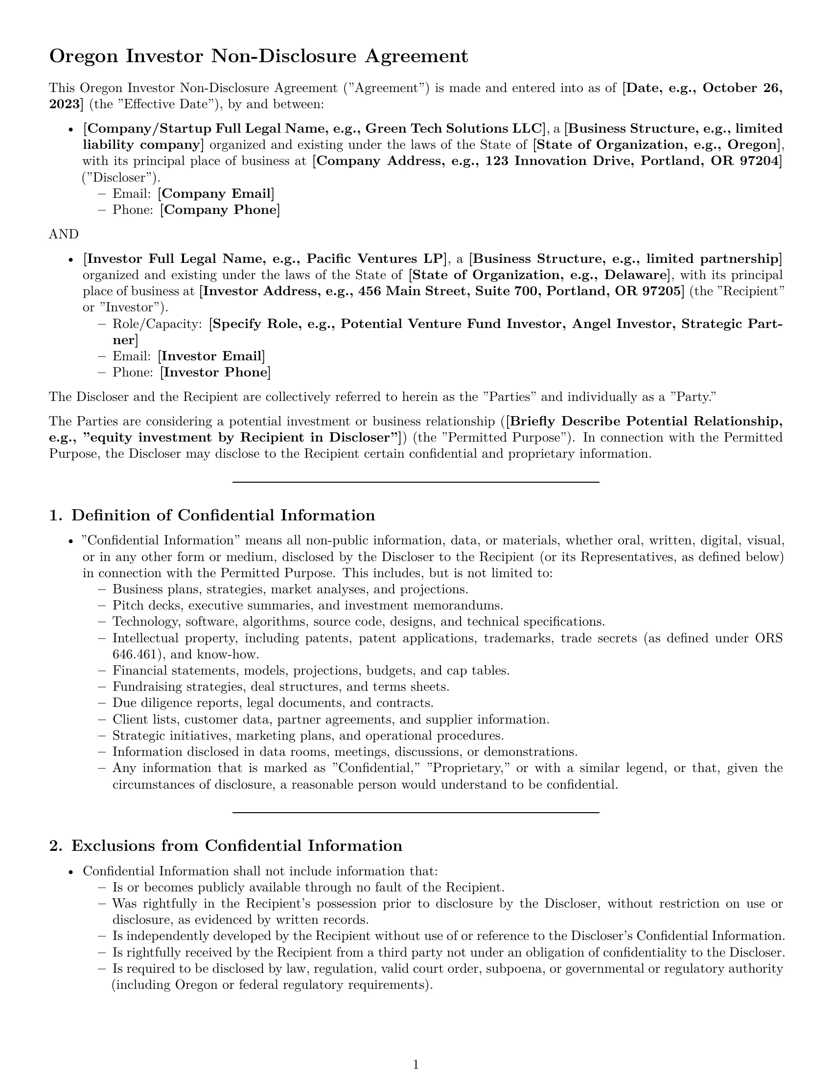 Preview page 1 of Pro Oregon investor nda template