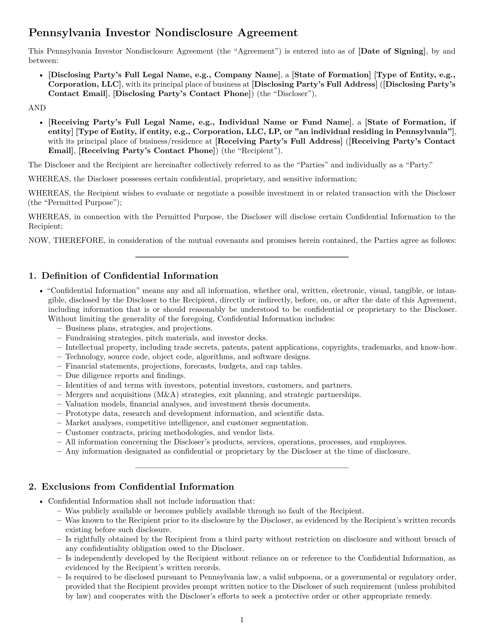 Preview page 1 of Pro Pennsylvania investor nda template