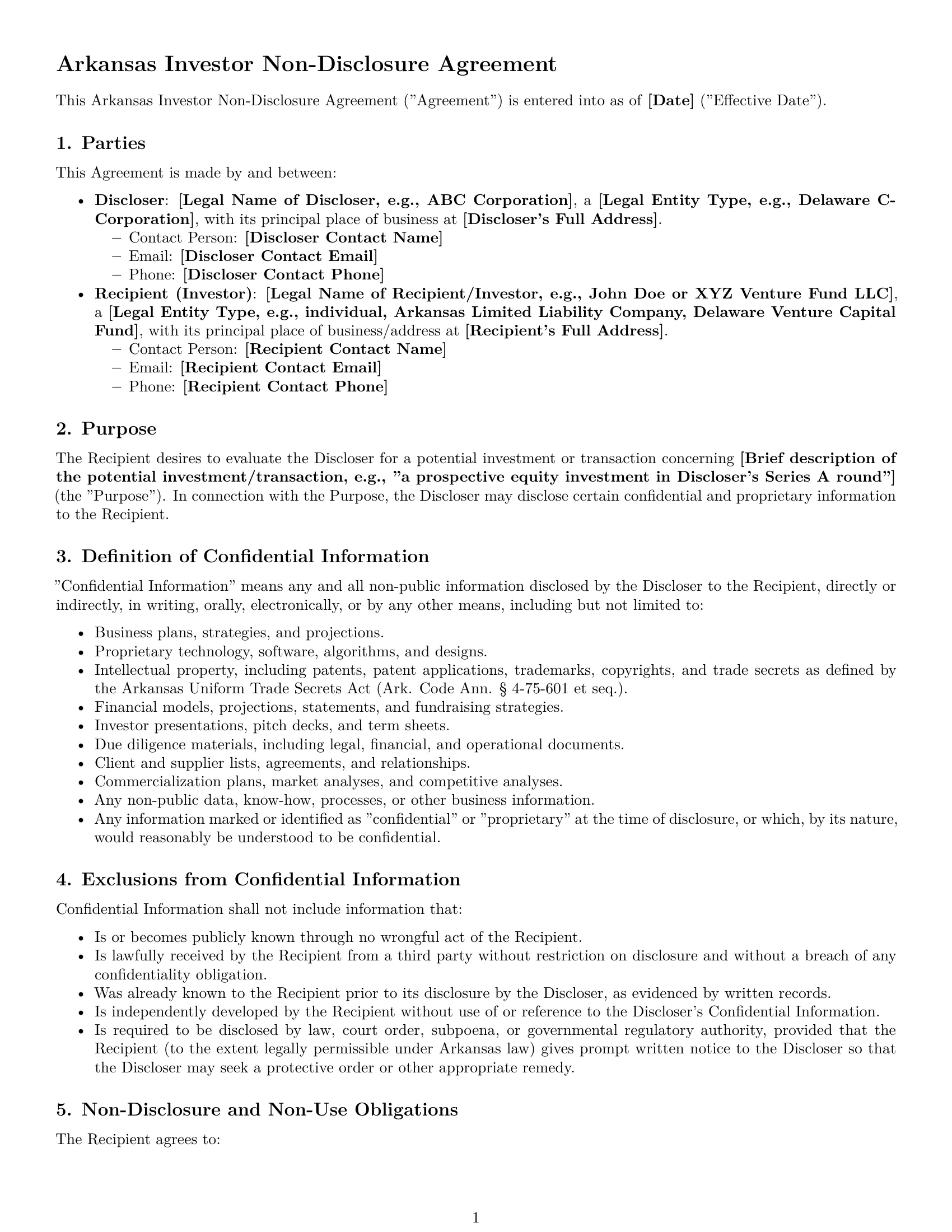 Preview page 1 of Pro Arkansas investor nda template