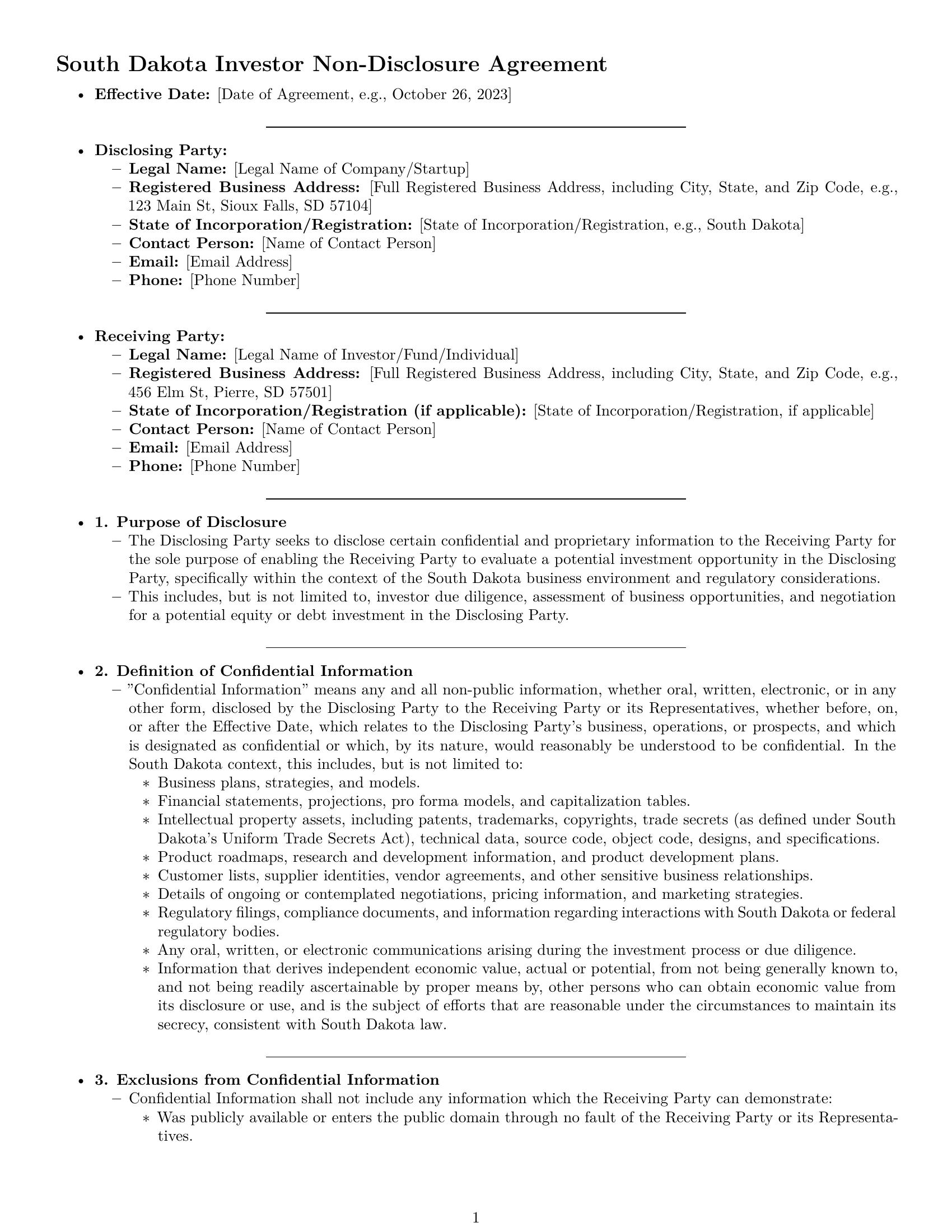 Preview page 1 of Pro South Dakota investor nda template
