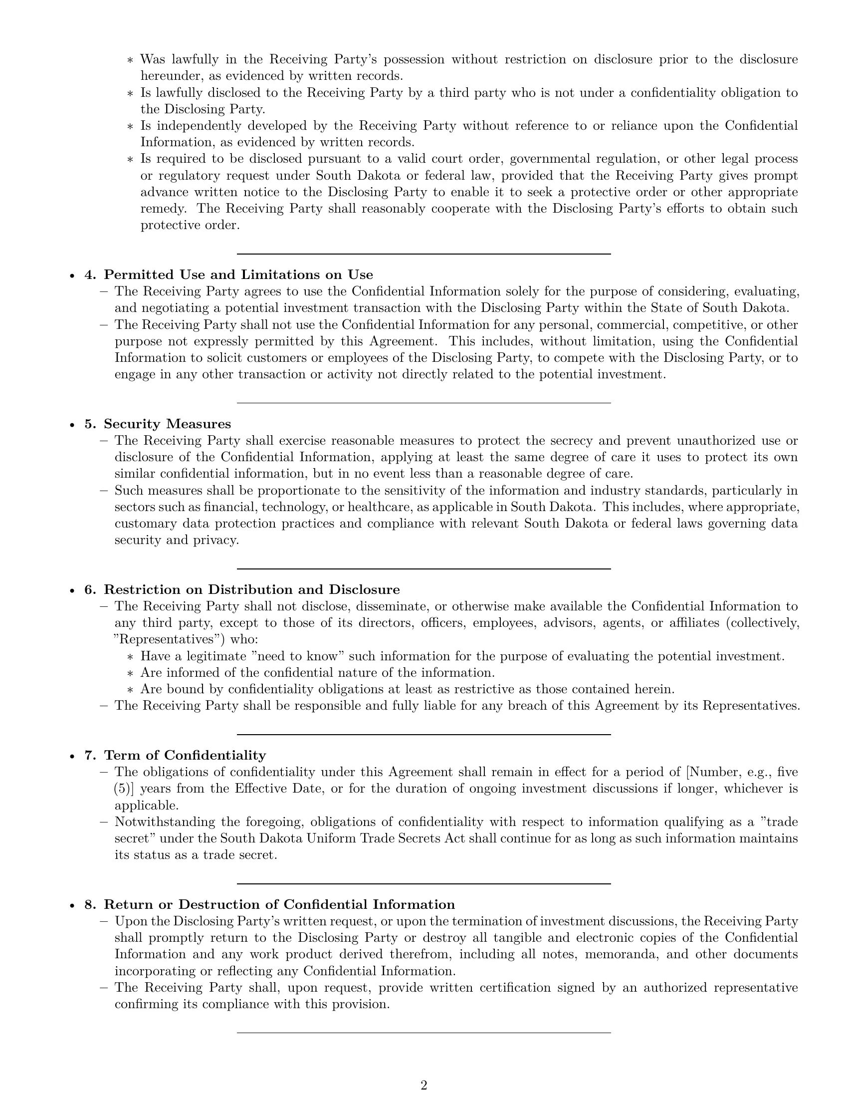 Preview page 2 of Pro South Dakota investor nda template