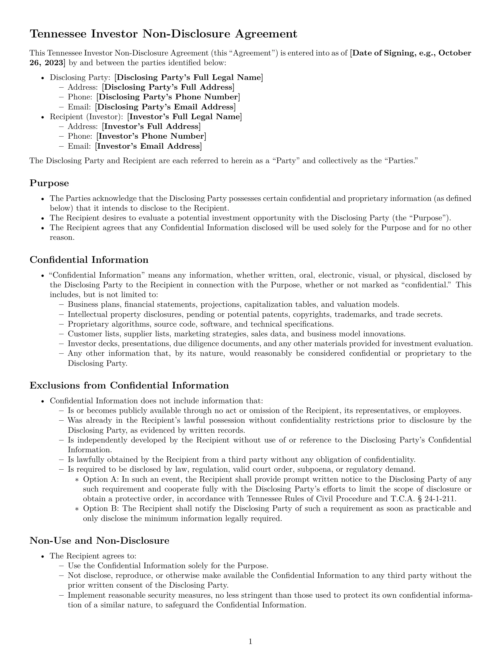 Preview page 1 of Pro Tennessee investor nda template