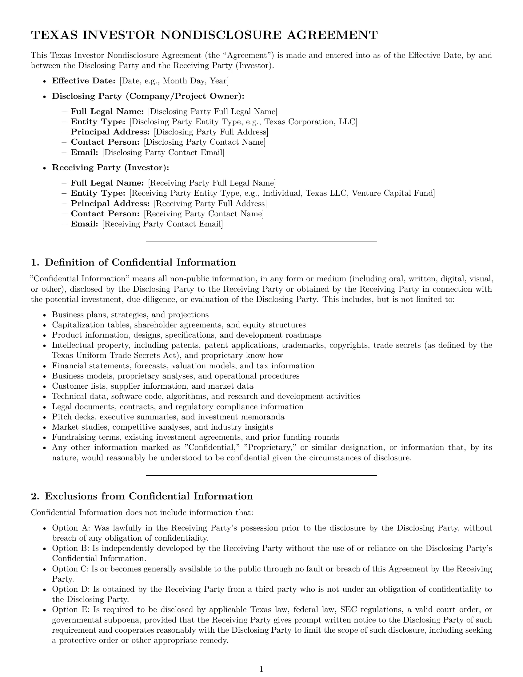 Preview page 1 of Pro Texas investor nda template