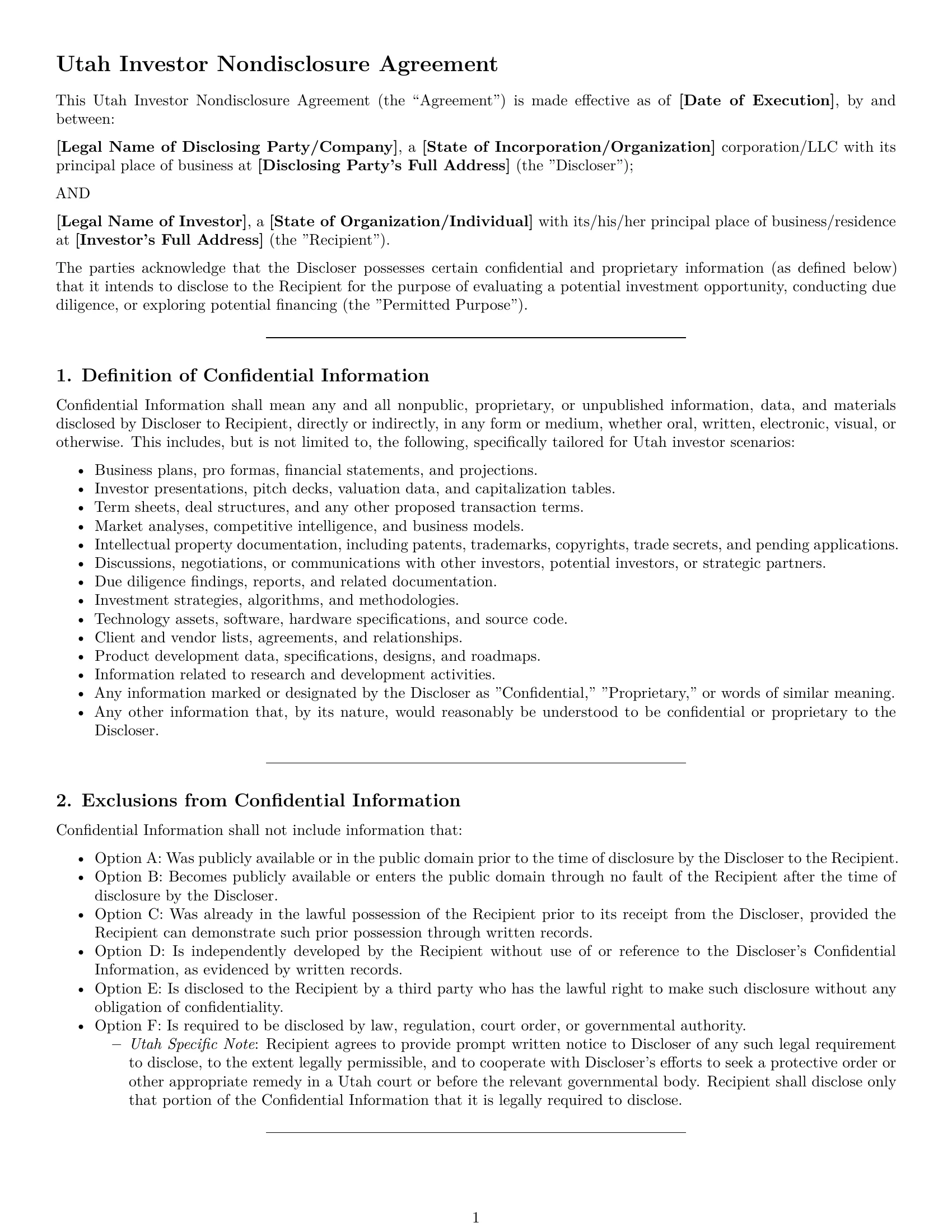 Preview page 1 of Pro Utah investor nda template