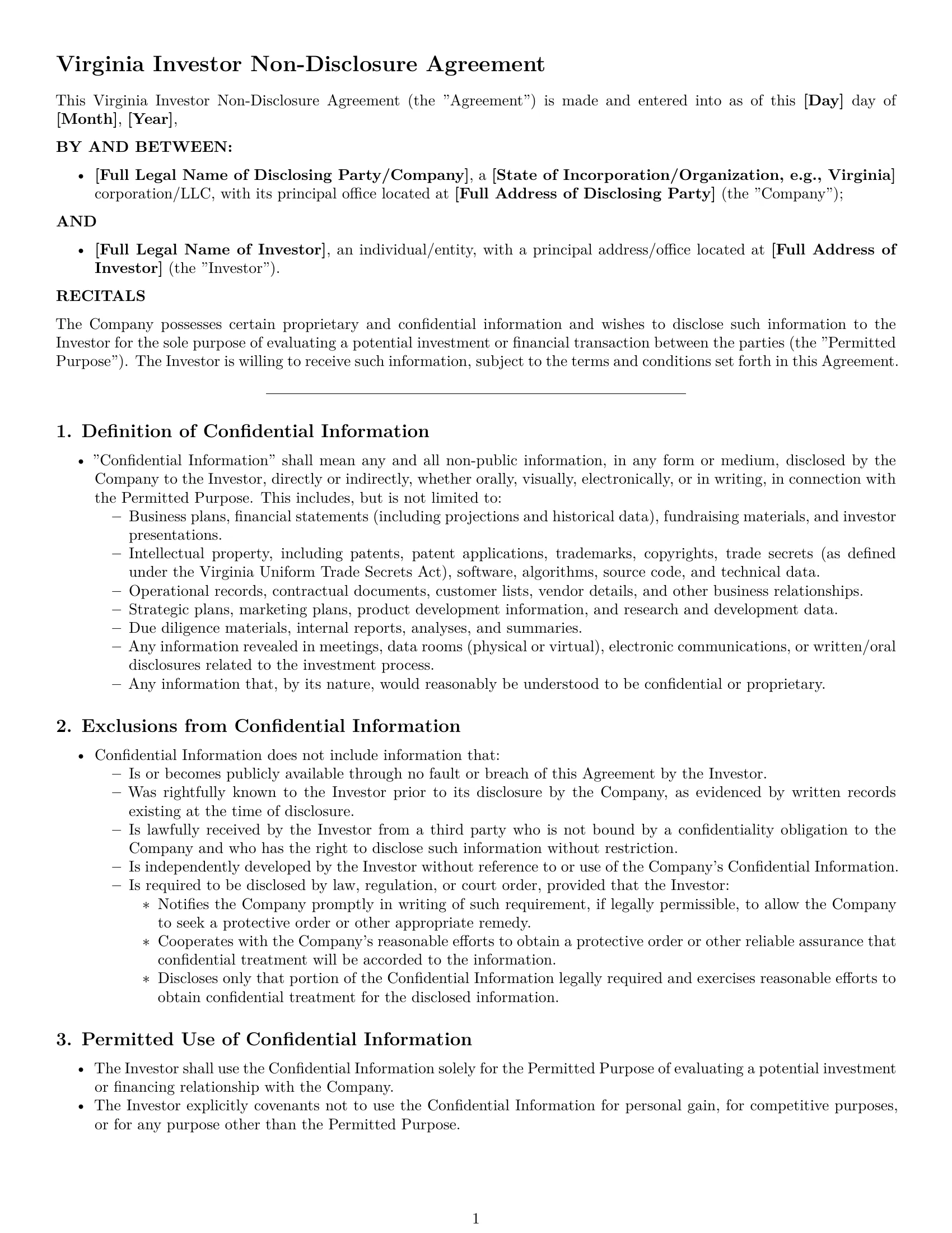 Preview page 1 of Pro Virginia investor nda template