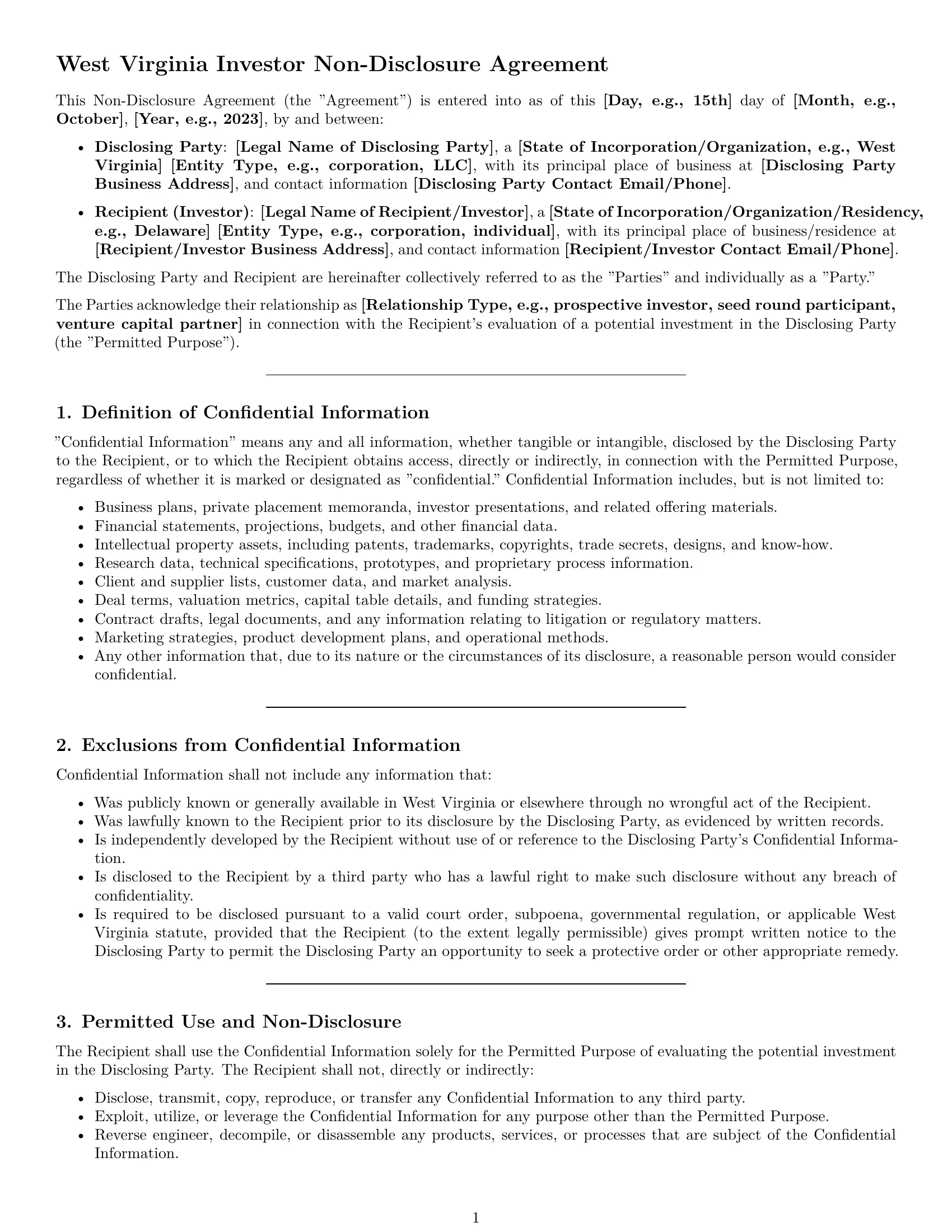 Preview page 1 of Pro West Virginia investor nda template