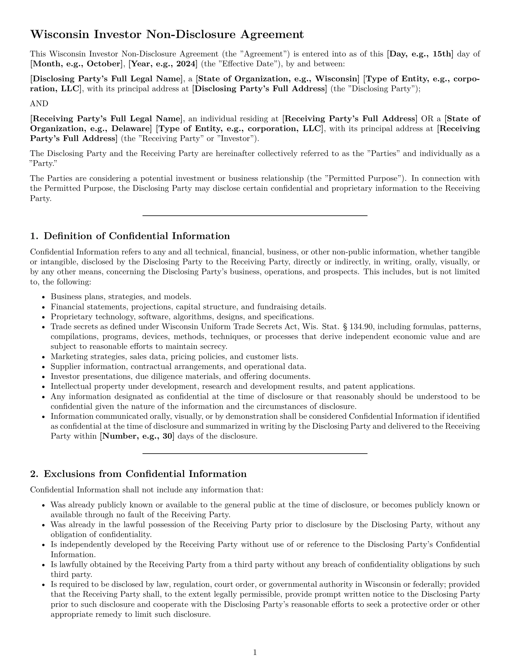 Preview page 1 of Pro Wisconsin investor nda template