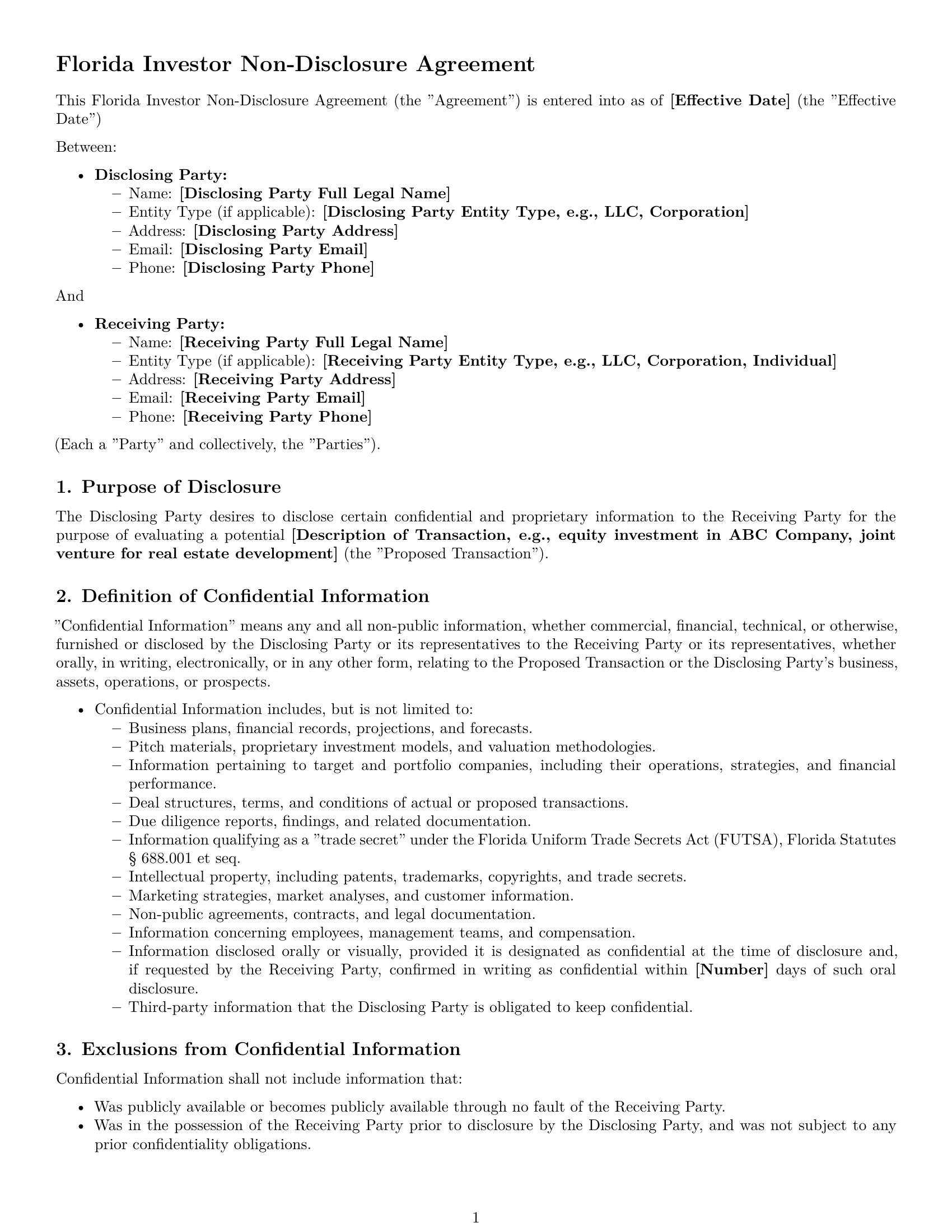 Preview page 1 of Pro Florida investor nda template