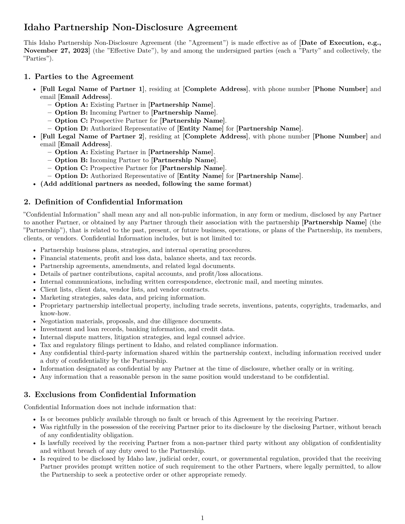Preview page 1 of Pro Idaho partnership nda template