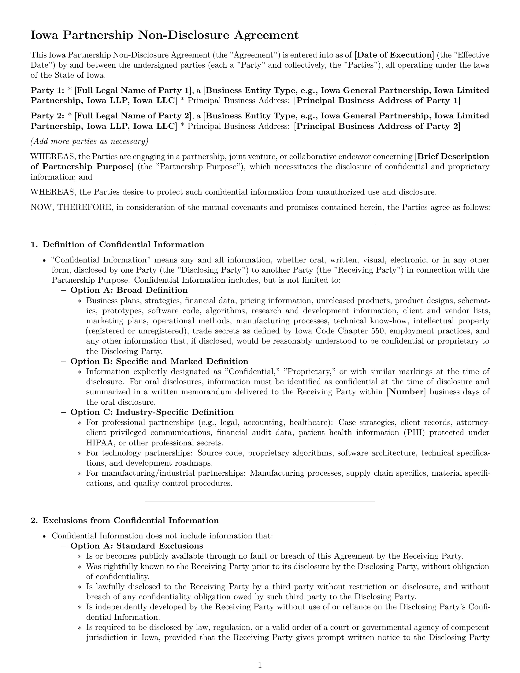 Preview page 1 of Pro Iowa partnership nda template