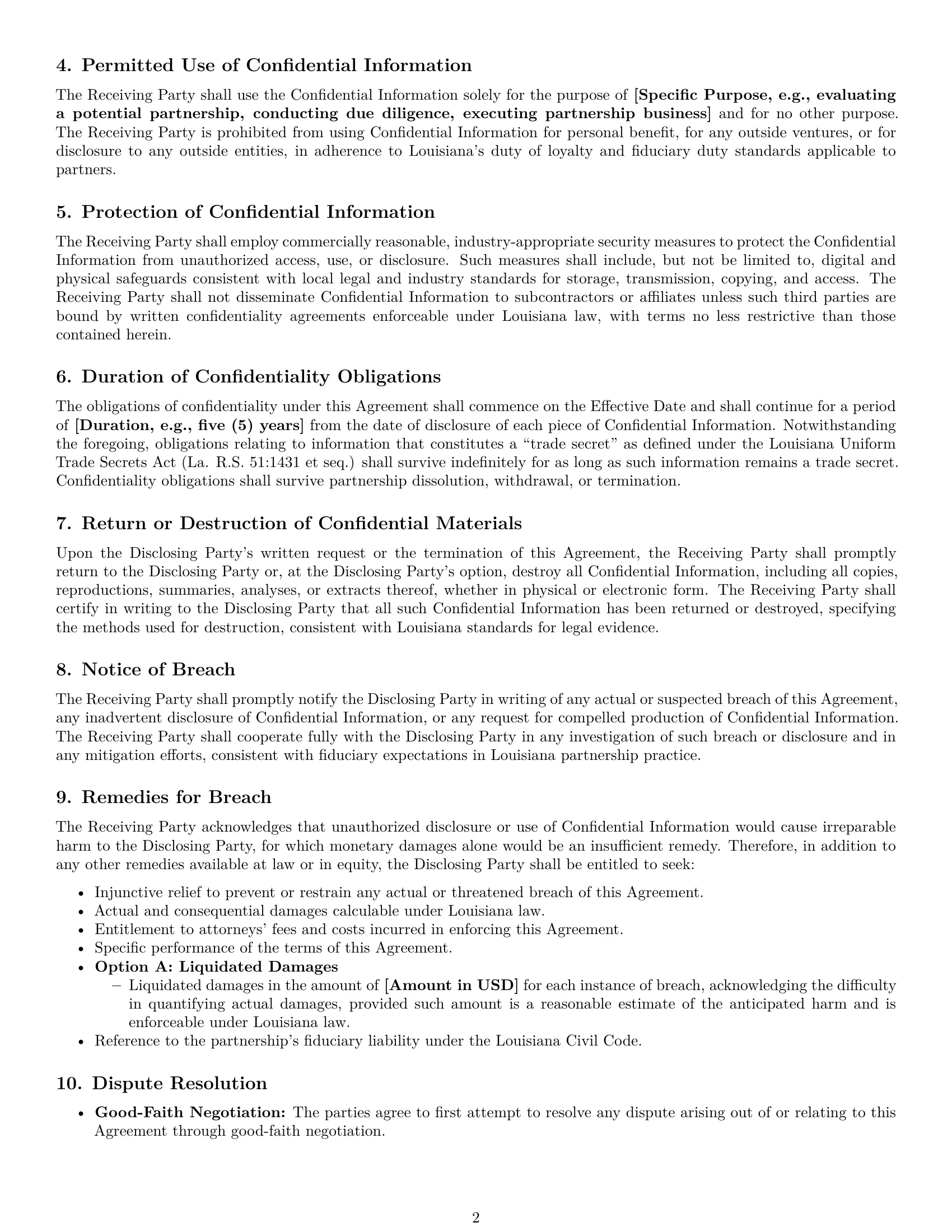 Preview page 2 of Pro Louisiana partnership nda template