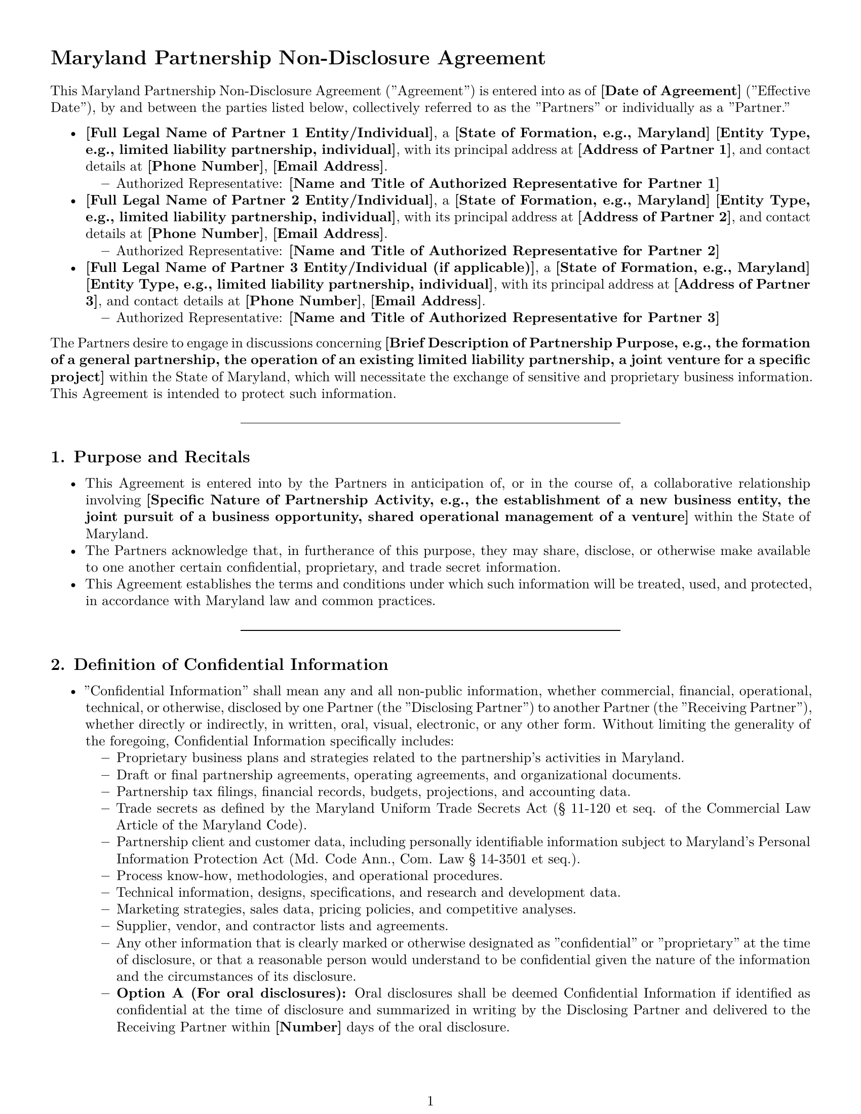 Preview page 1 of Pro Maryland partnership nda template