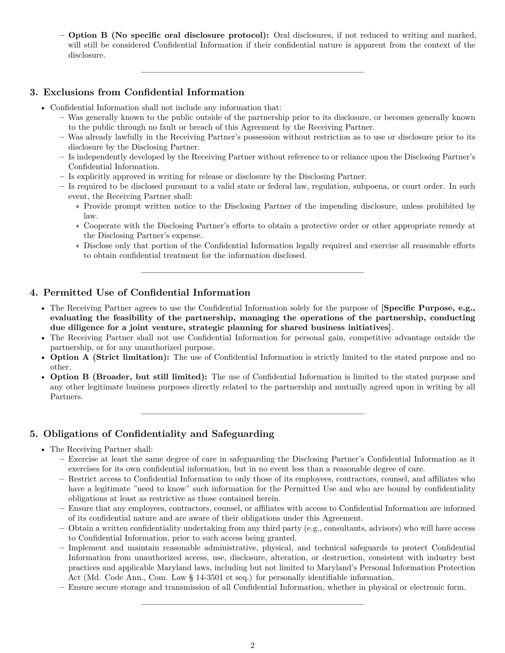 Preview page 2 of Pro Maryland partnership nda template