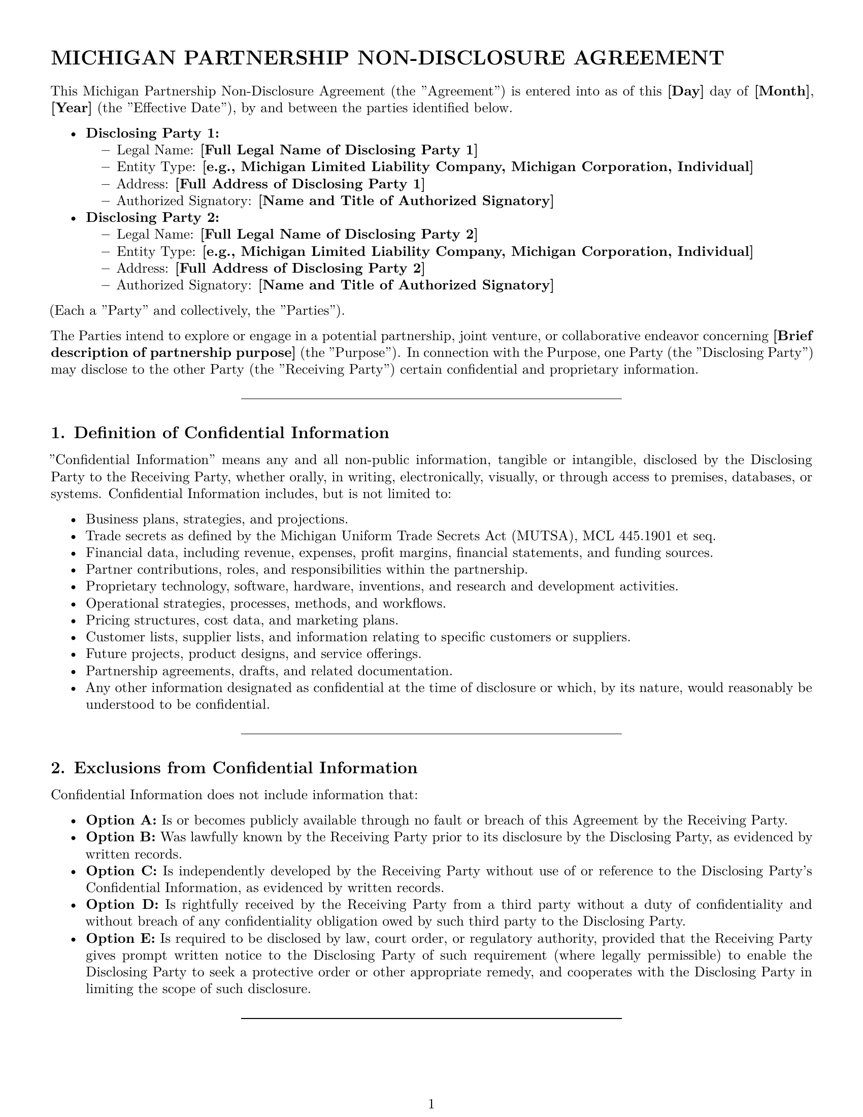 Preview page 1 of Pro Michigan partnership nda template
