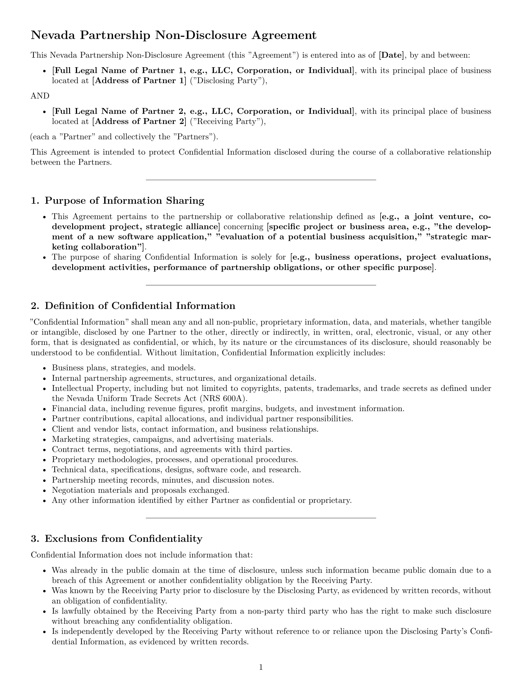Preview page 1 of Pro Nevada partnership nda template