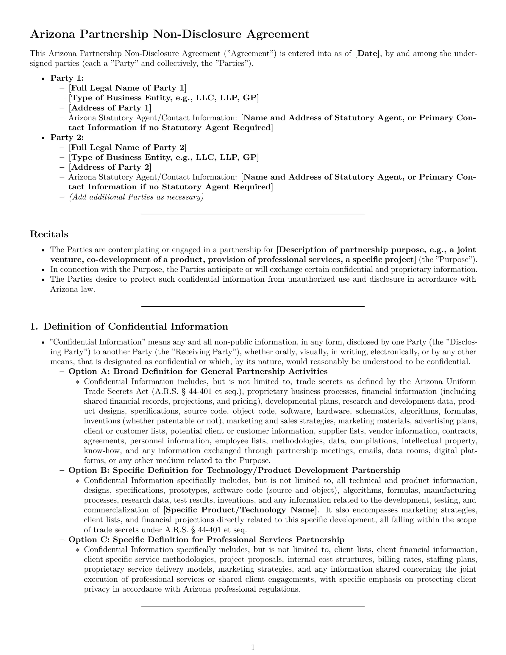 Preview page 1 of Pro Arizona partnership nda template