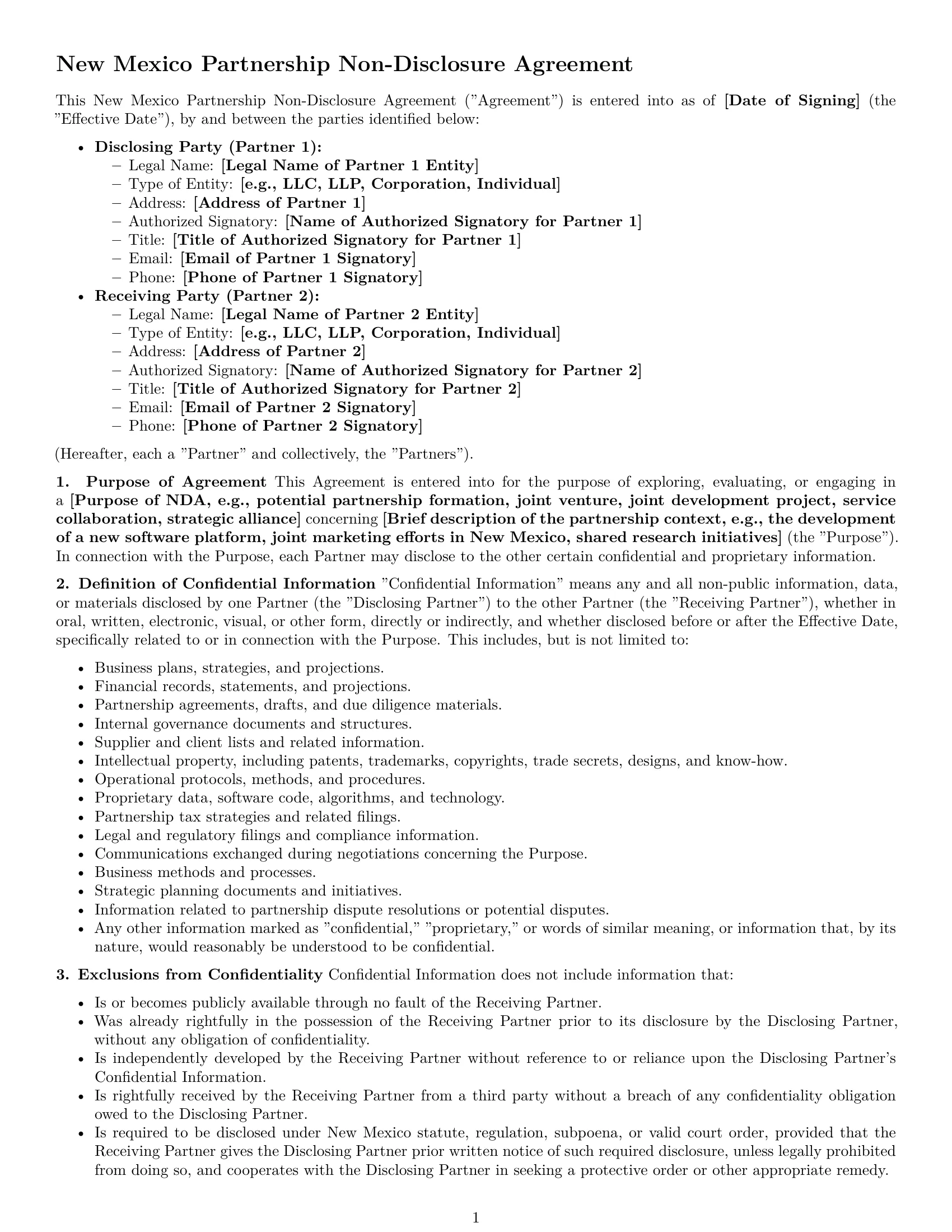 Preview page 1 of Pro New Mexico partnership nda template