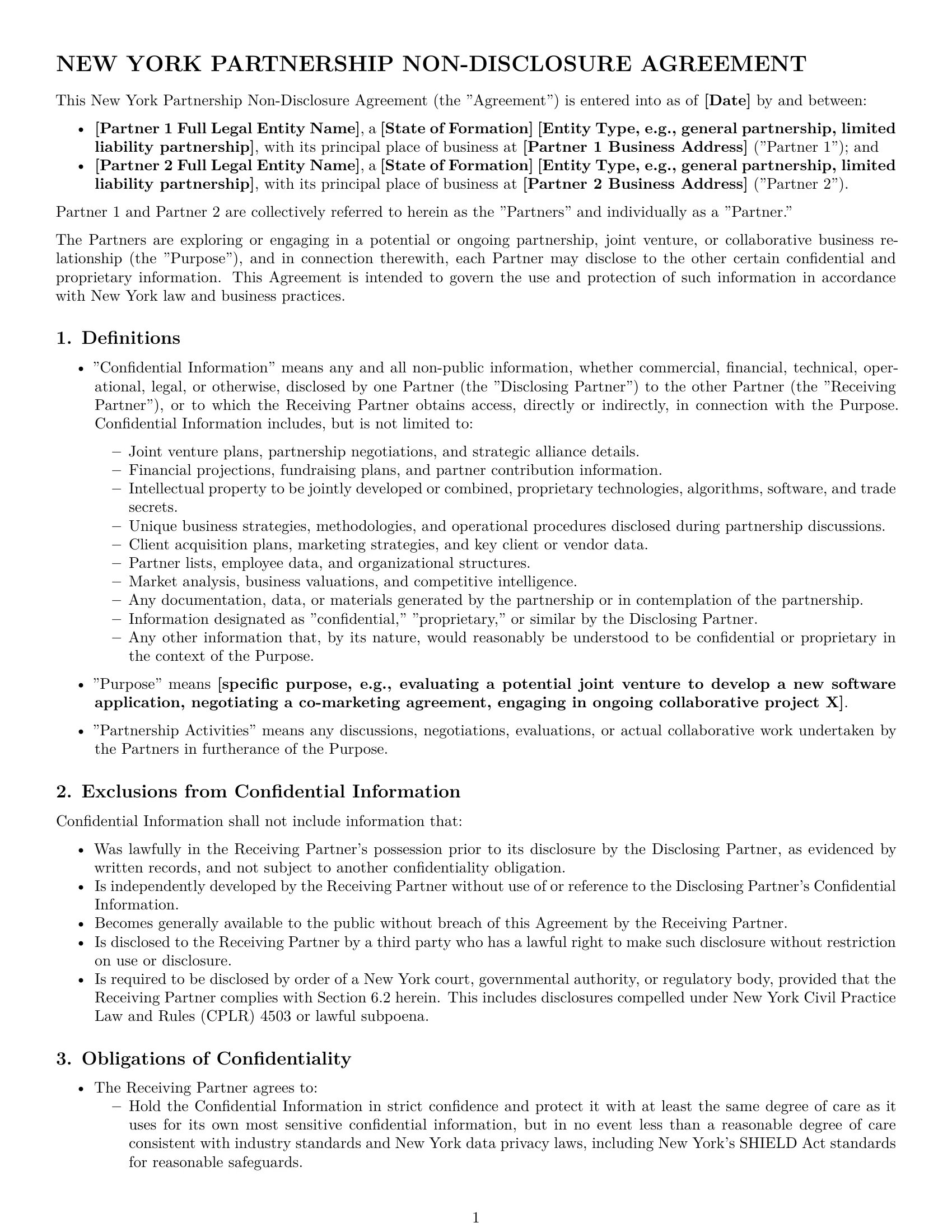 Preview page 1 of Pro New York partnership nda template