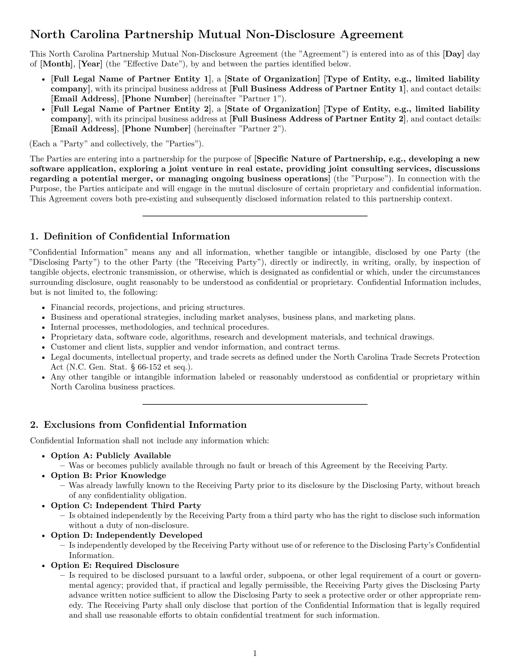 Preview page 1 of Pro North Carolina partnership nda template