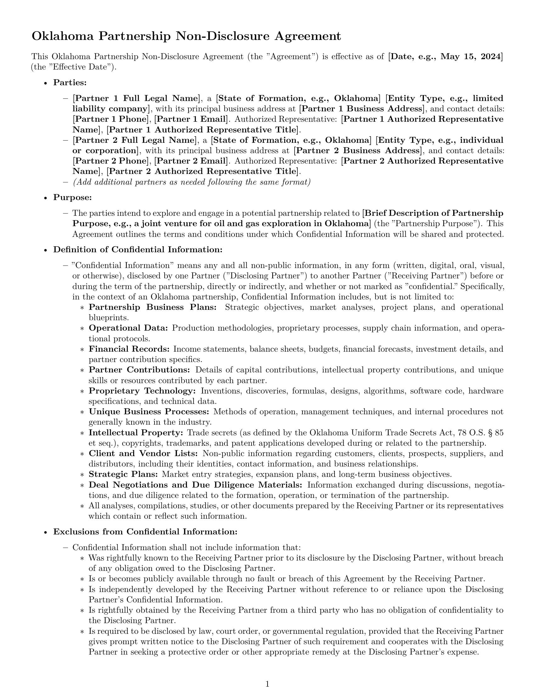 Preview page 1 of Pro Oklahoma partnership nda template