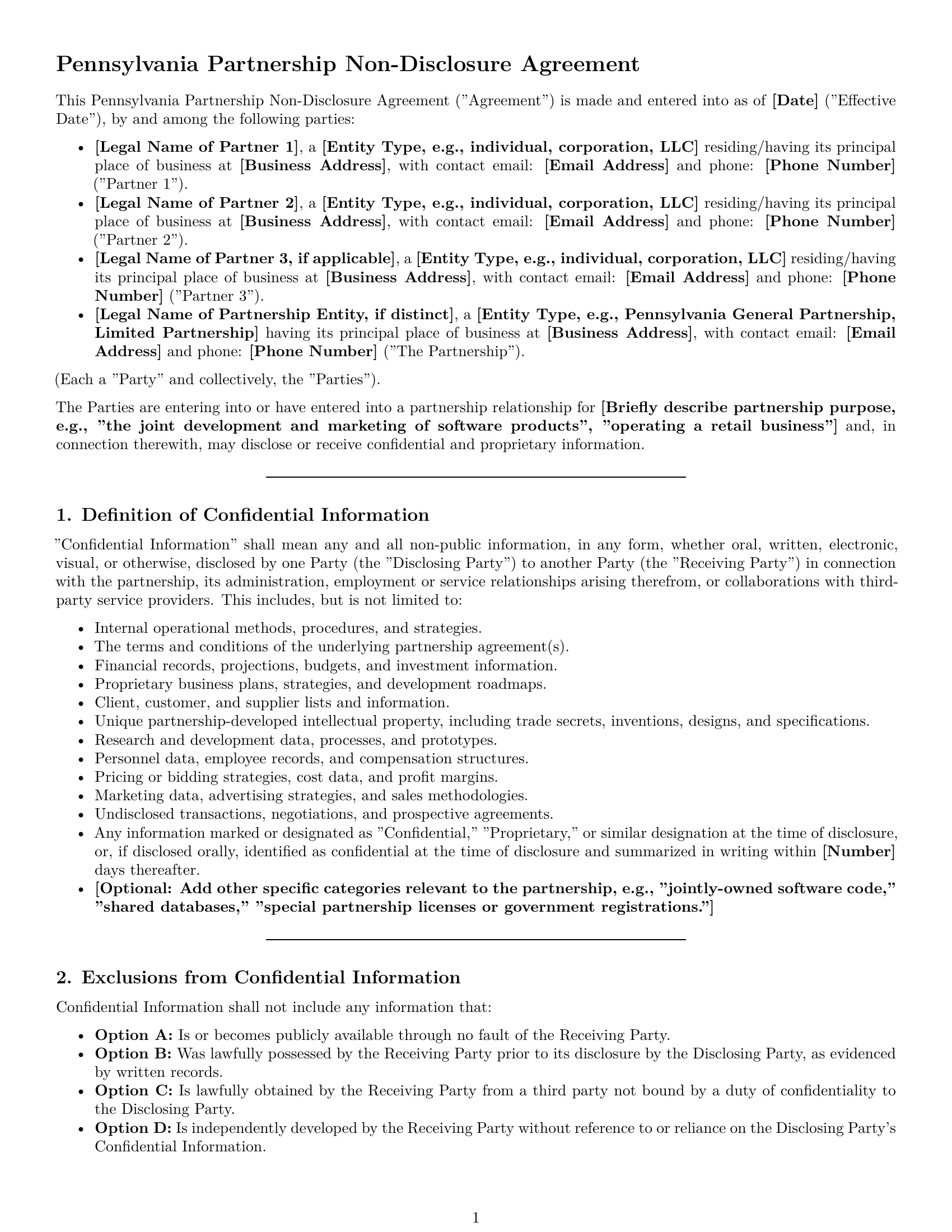 Preview page 1 of Pro Pennsylvania partnership nda template