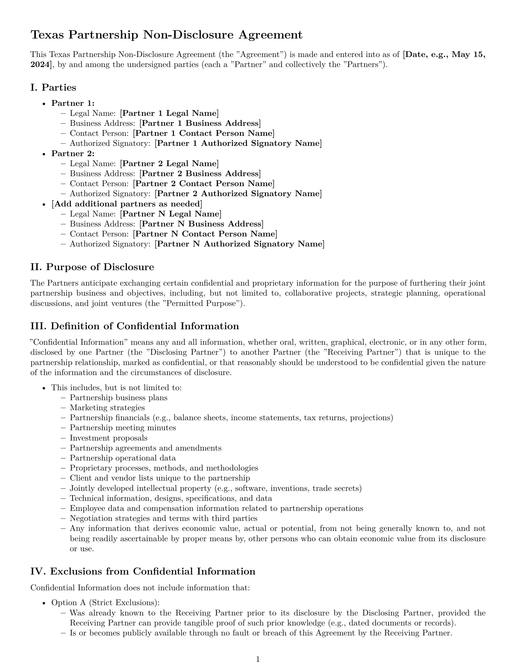 Preview page 1 of Pro Texas partnership nda template