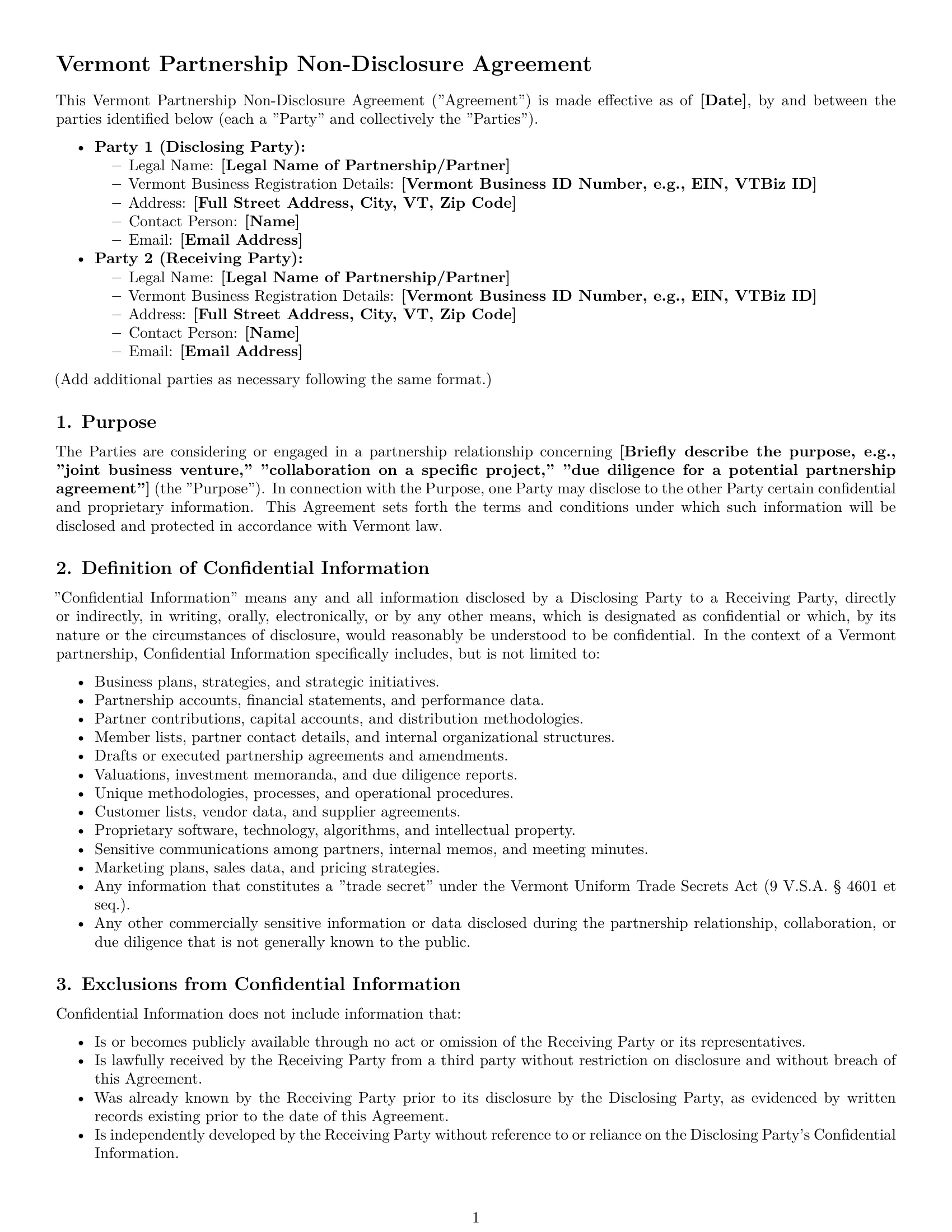 Preview page 1 of Pro Vermont partnership nda template