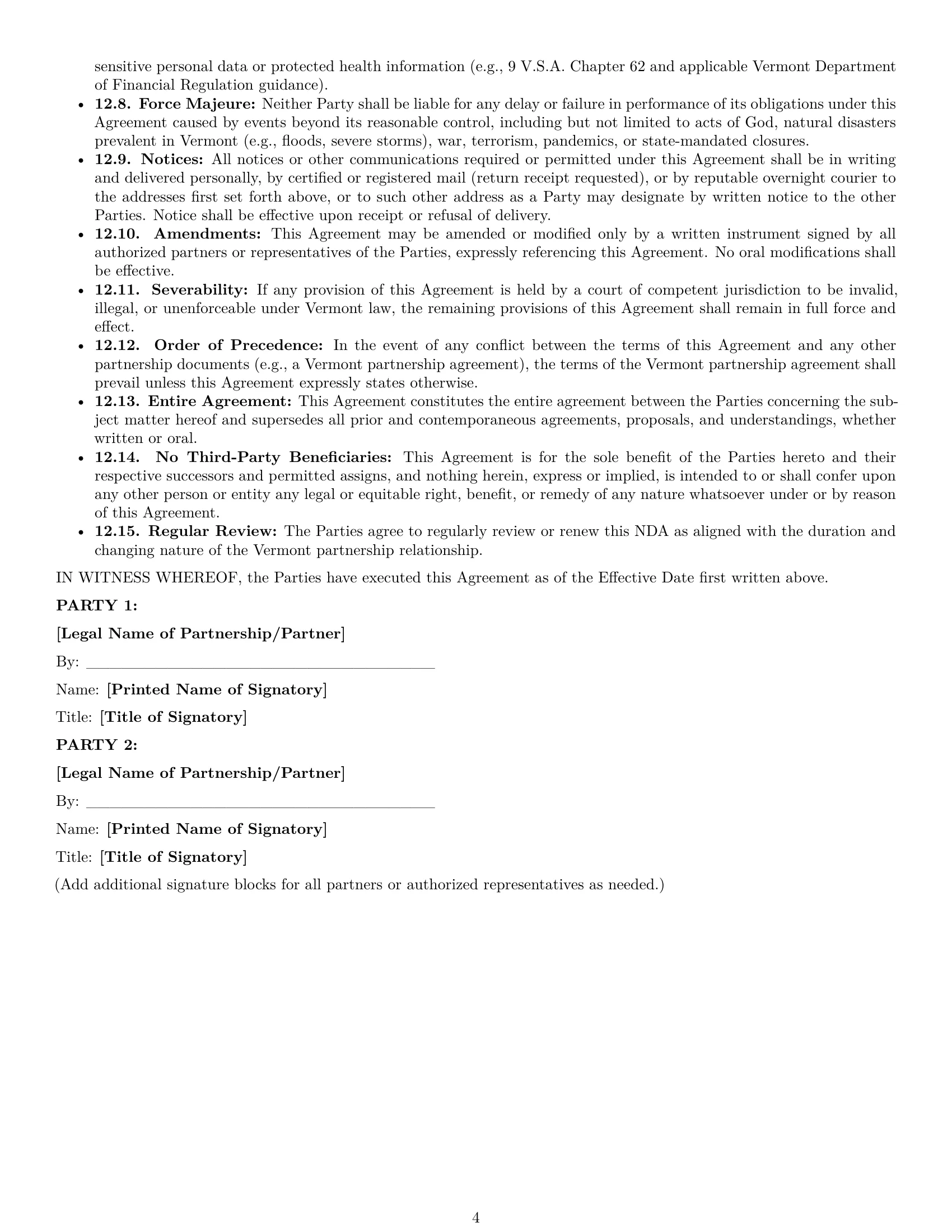 Preview page 4 of Pro Vermont partnership nda template