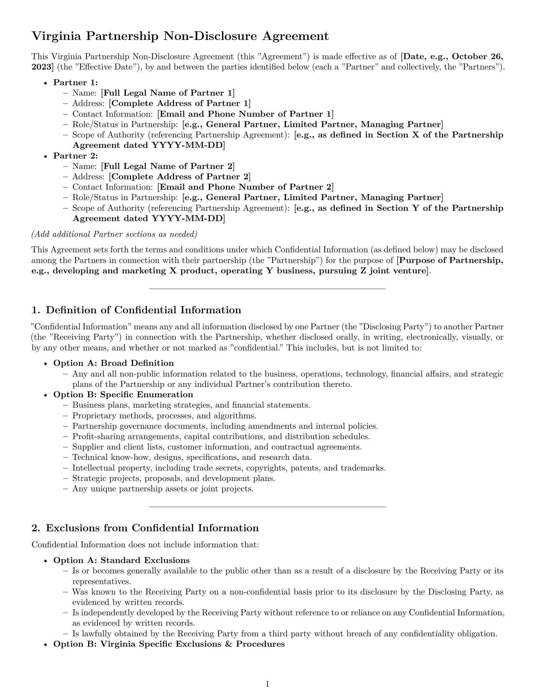 Preview page 1 of Pro Virginia partnership nda template