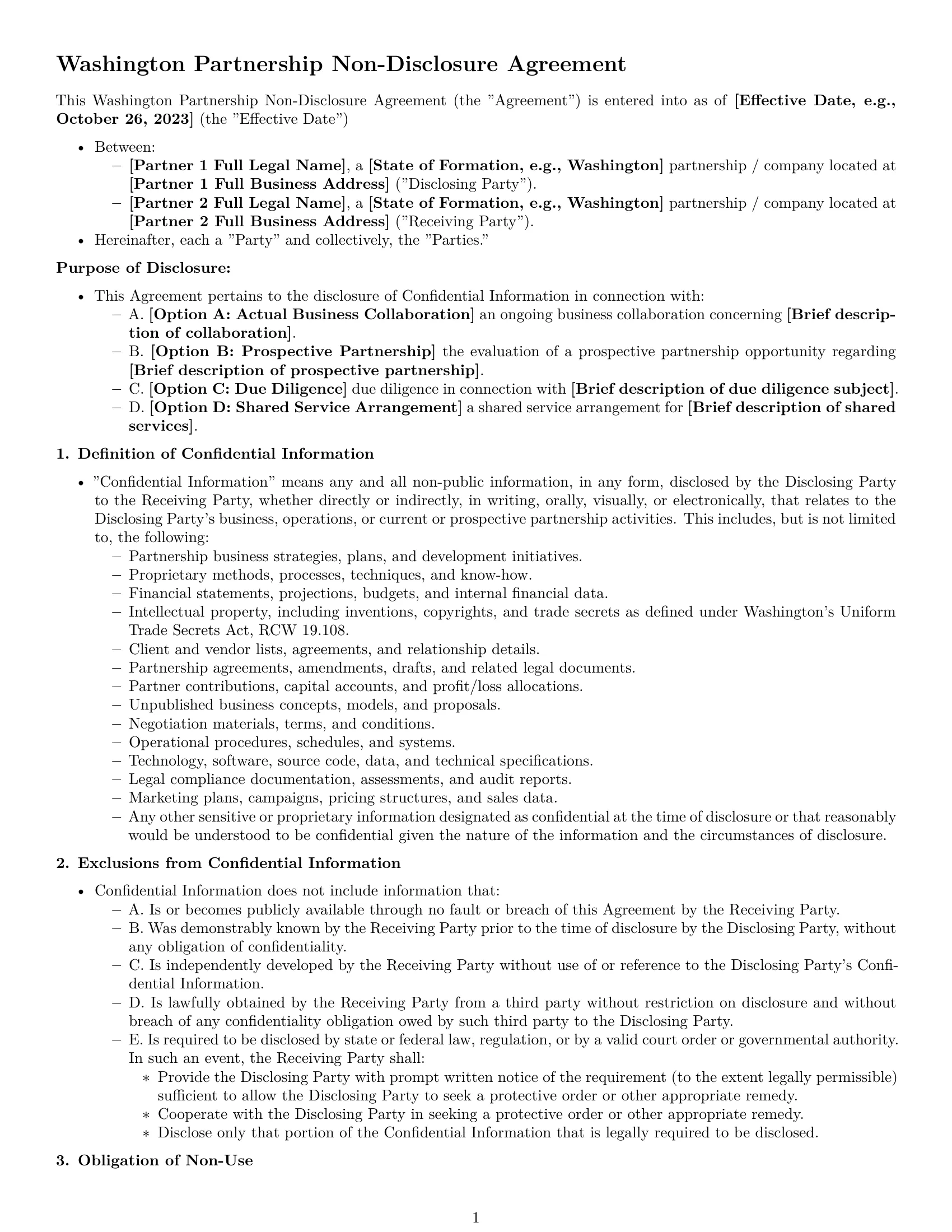 Preview page 1 of Pro Washington partnership nda template