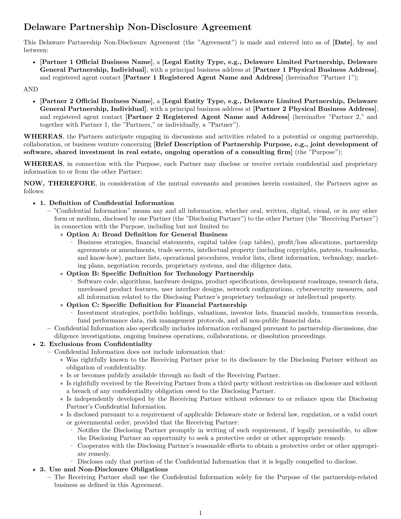 Preview page 1 of Pro Delaware partnership nda template