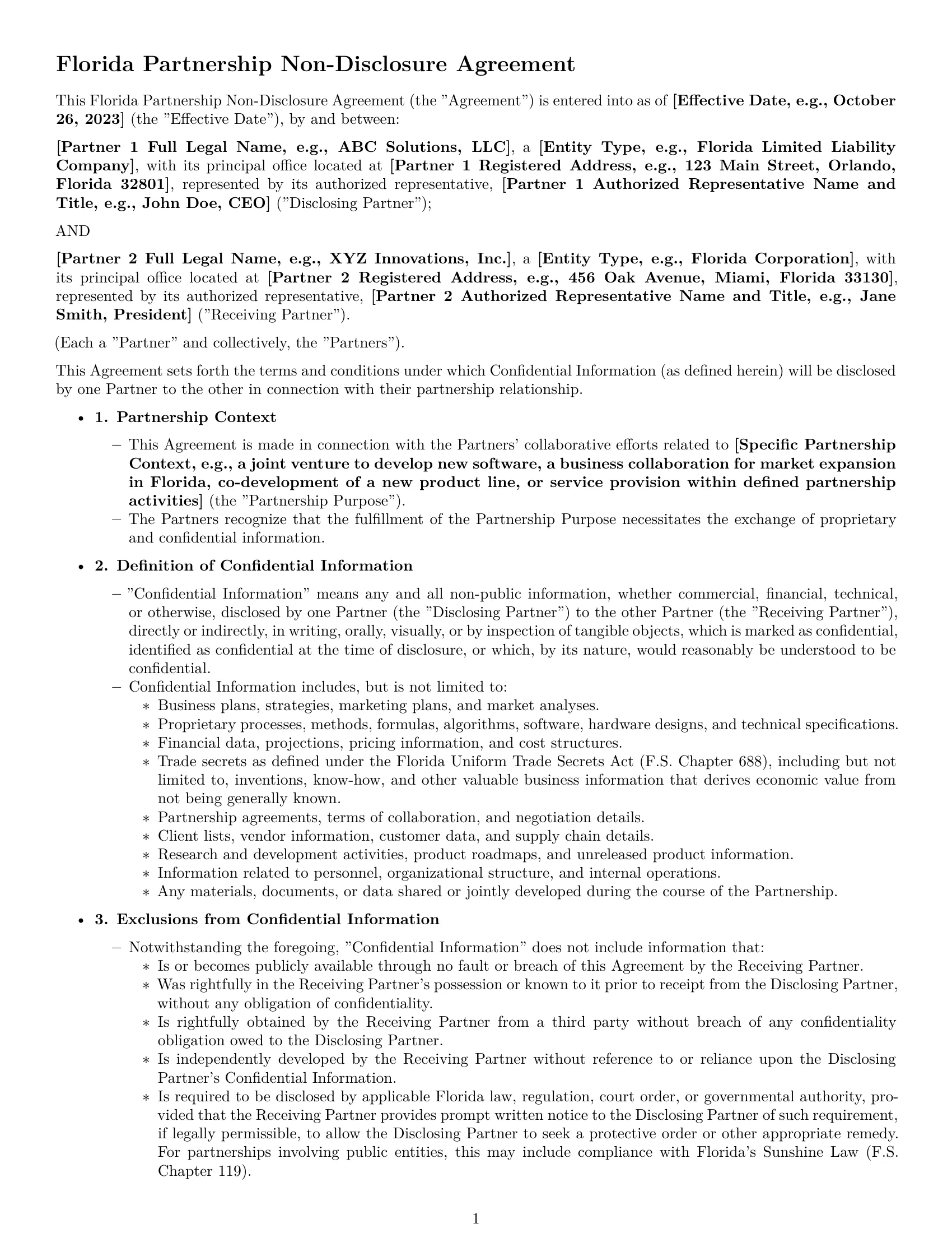 Preview page 1 of Pro Florida partnership nda template