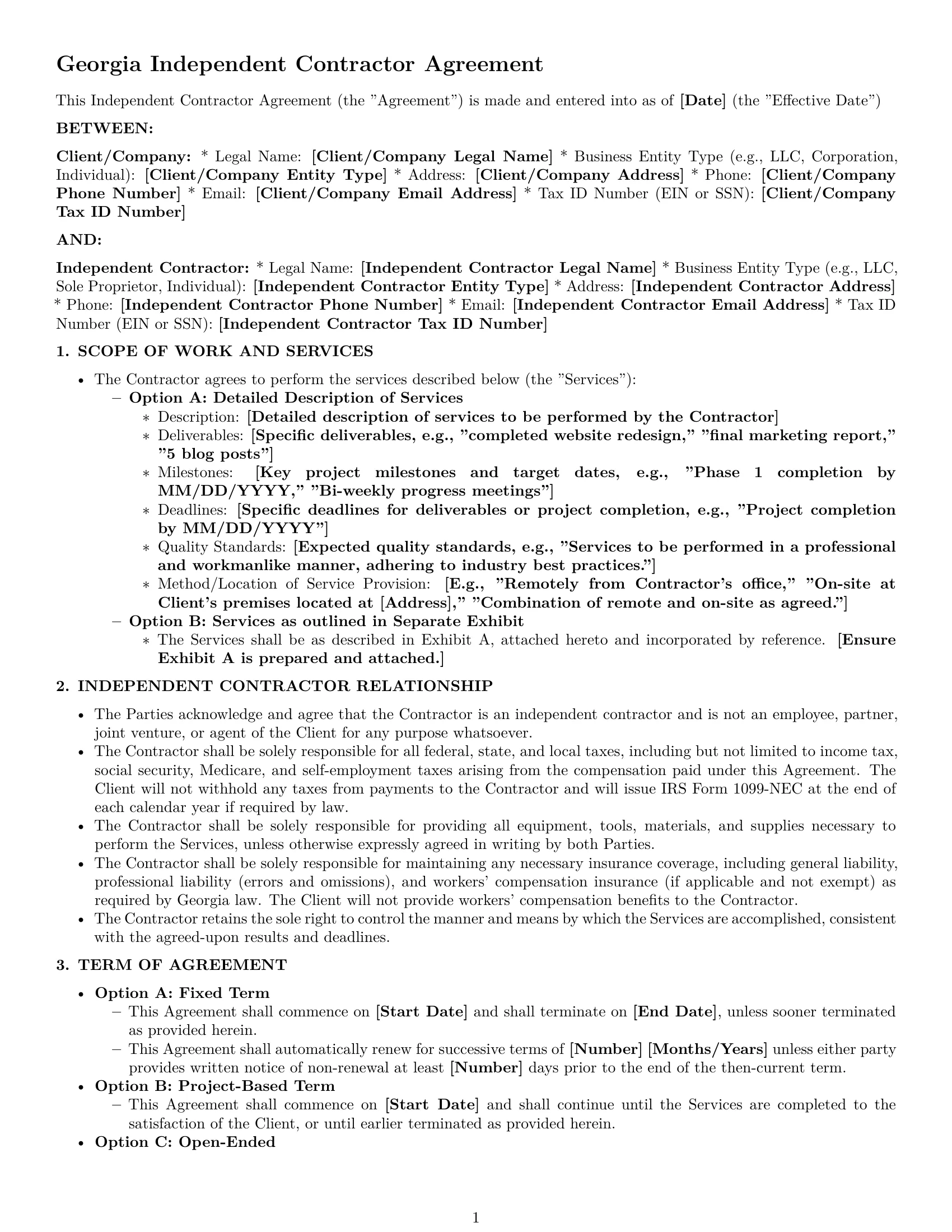 Preview page 1 of Pro Georgia independent contractor agreement template