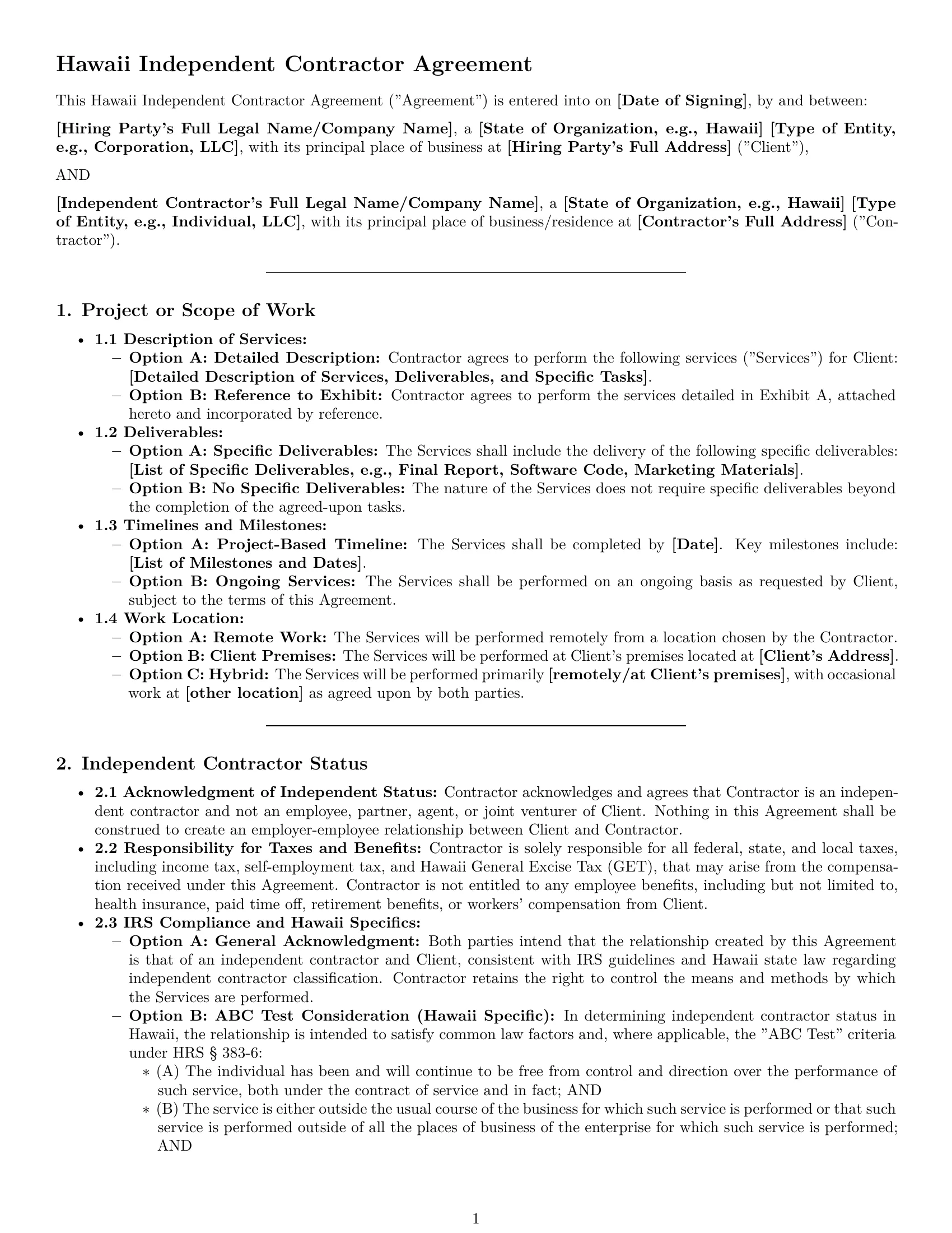 Preview page 1 of Pro Hawaii independent contractor agreement template