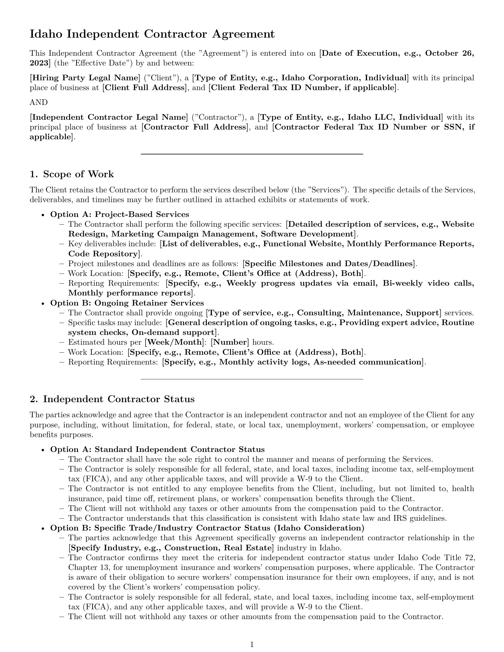 Preview page 1 of Pro Idaho independent contractor agreement template