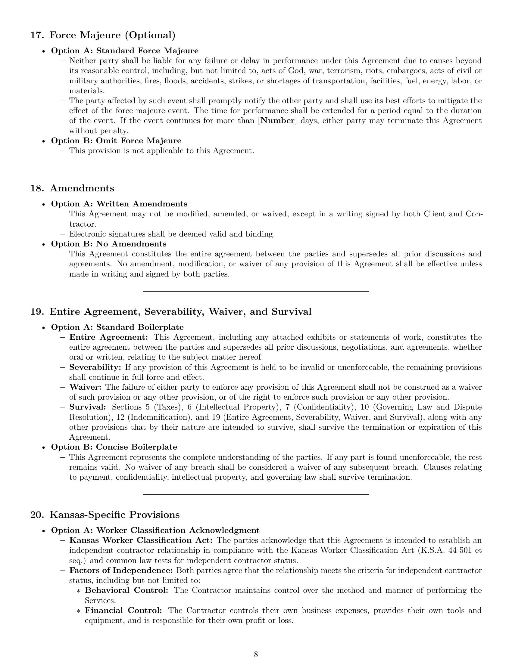 Preview page 8 of Pro Kansas independent contractor agreement template