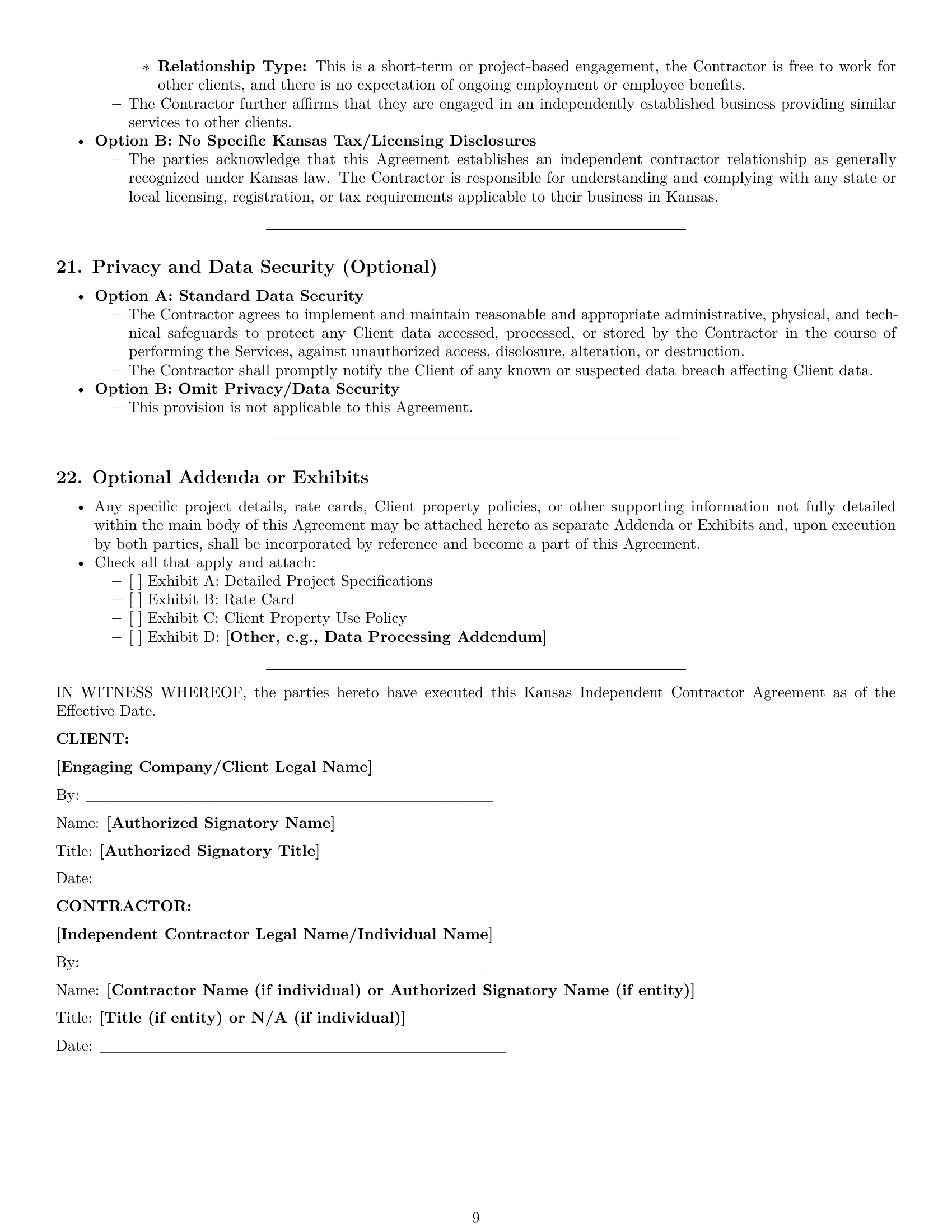 Preview page 9 of Pro Kansas independent contractor agreement template