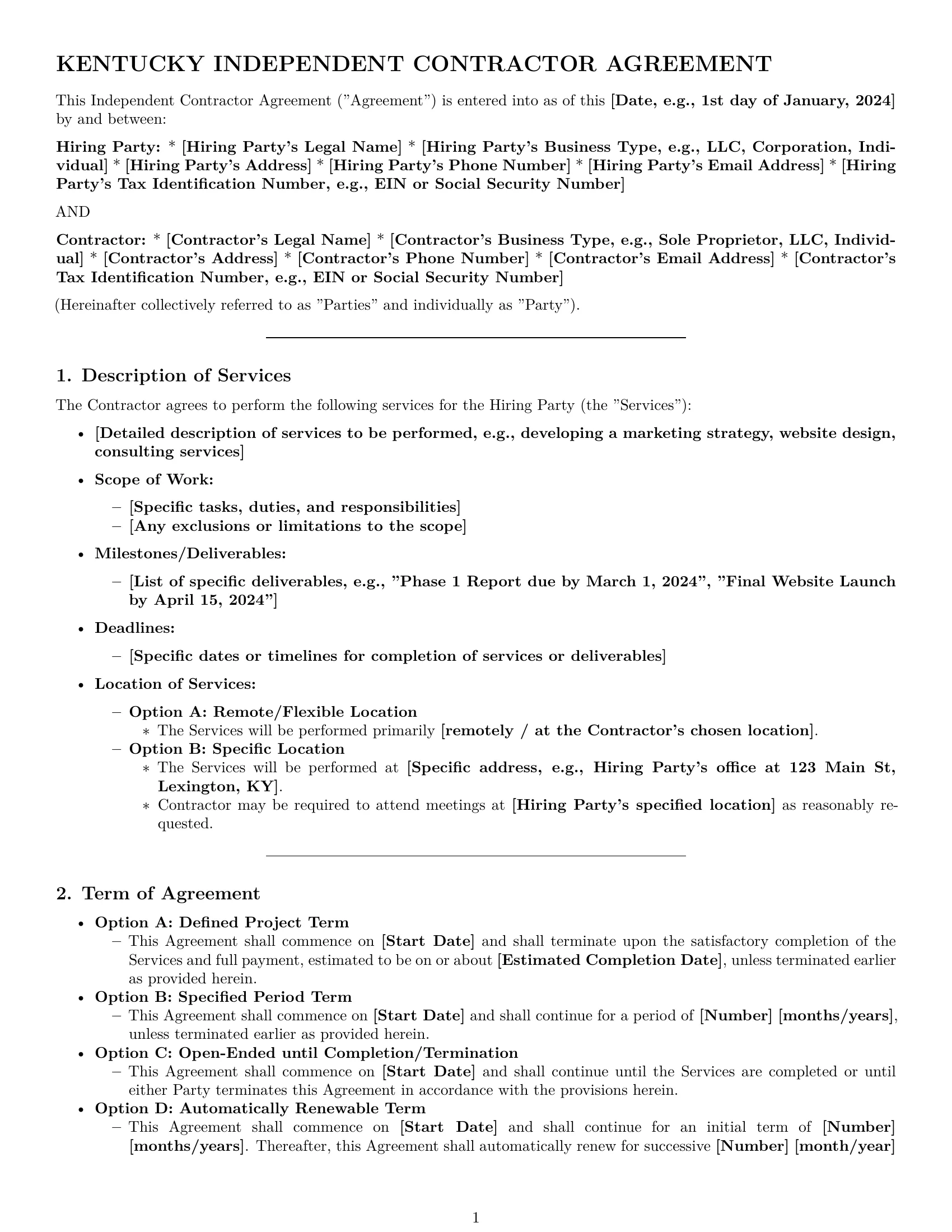 Preview page 1 of Pro Kentucky independent contractor agreement template