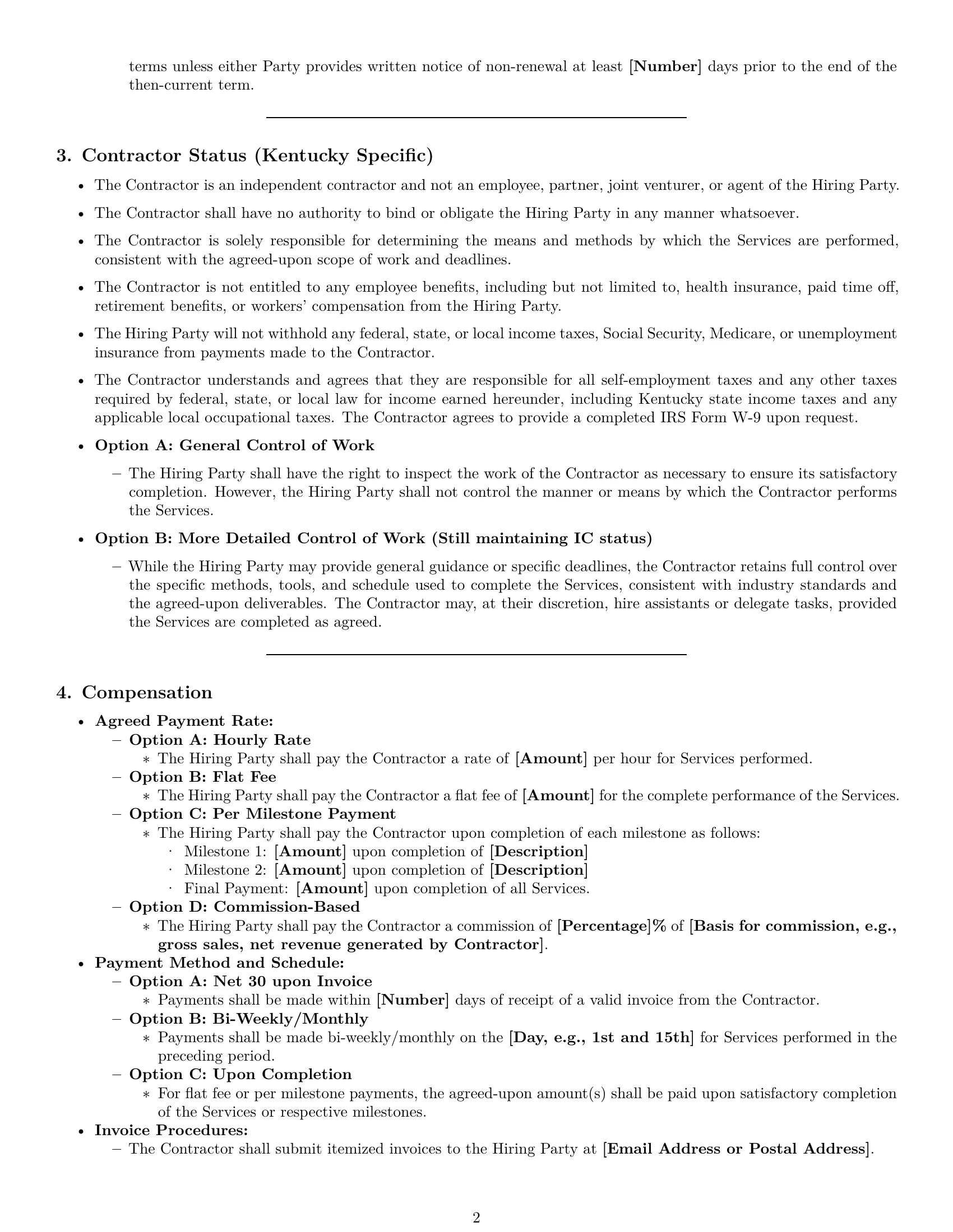 Preview page 2 of Pro Kentucky independent contractor agreement template