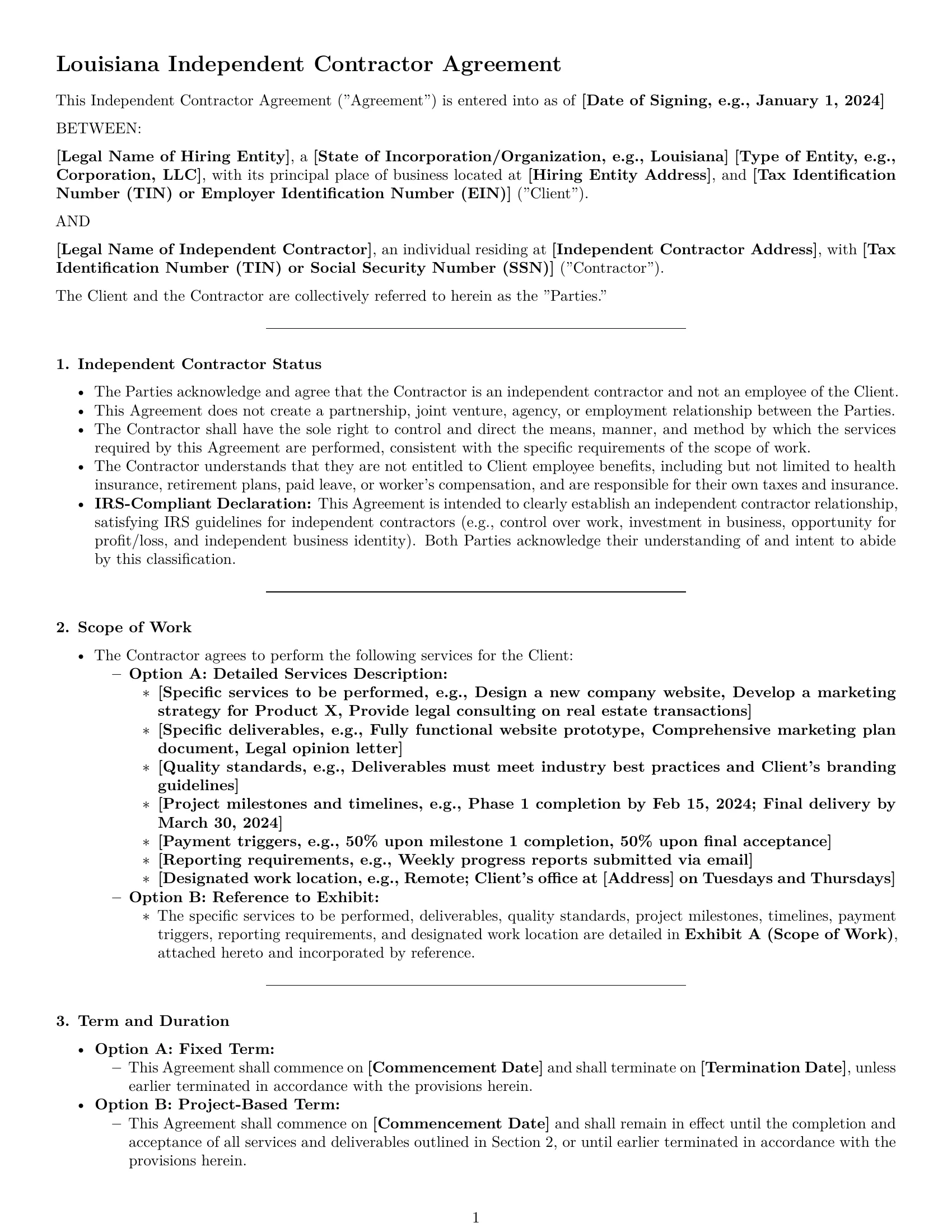 Preview page 1 of Pro Louisiana independent contractor agreement template