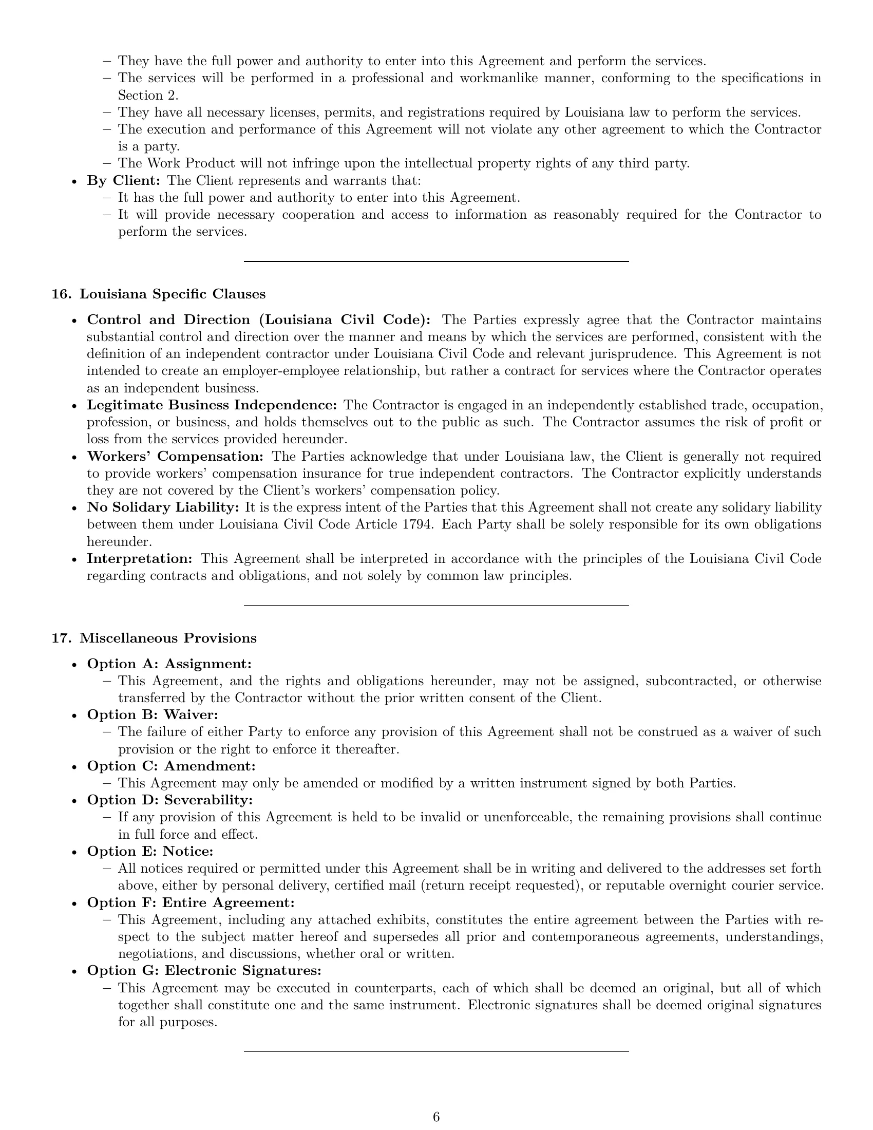 Preview page 6 of Pro Louisiana independent contractor agreement template