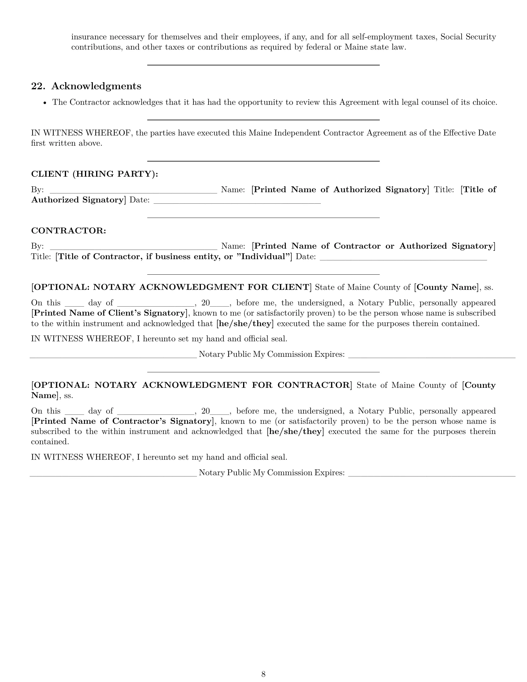 Preview page 8 of Pro Maine independent contractor agreement template