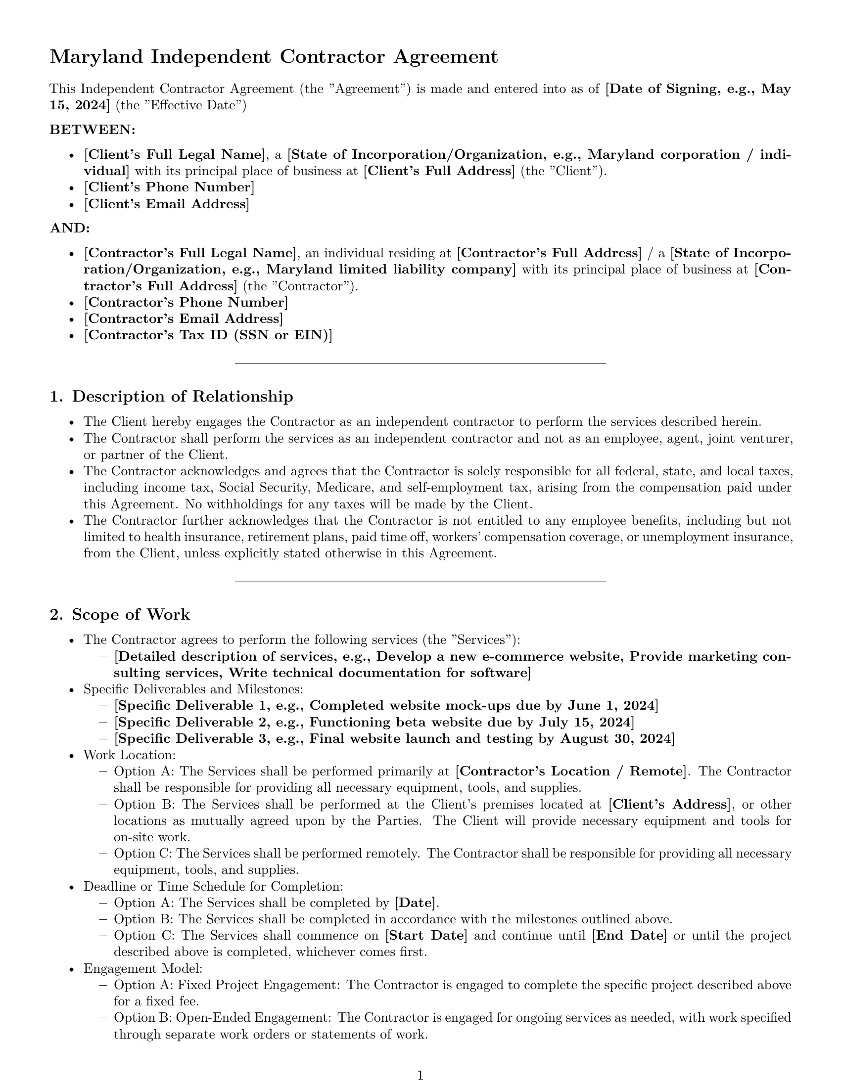 Preview page 1 of Pro Maryland independent contractor agreement template