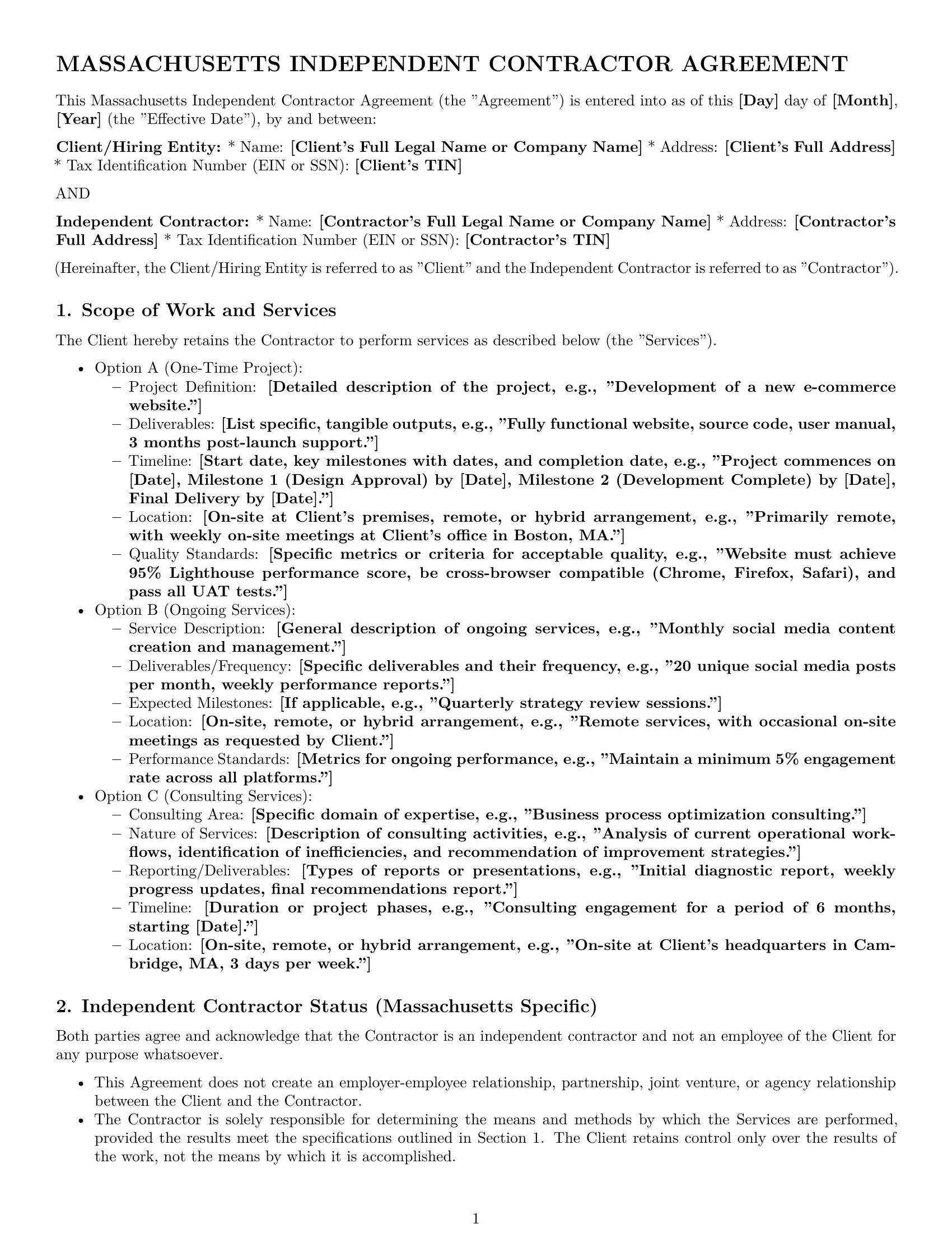 Preview page 1 of Pro Massachusetts independent contractor agreement template