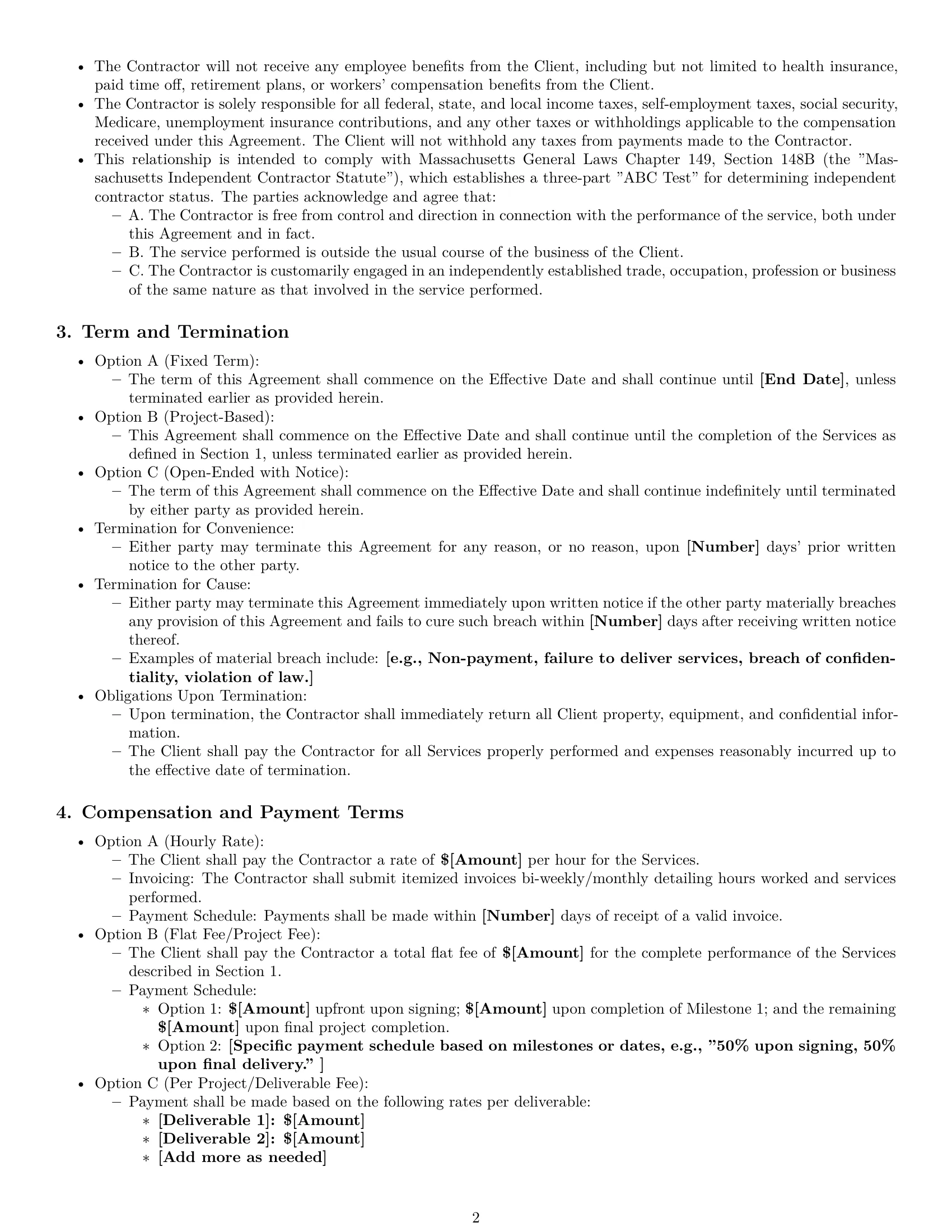 Preview page 2 of Pro Massachusetts independent contractor agreement template