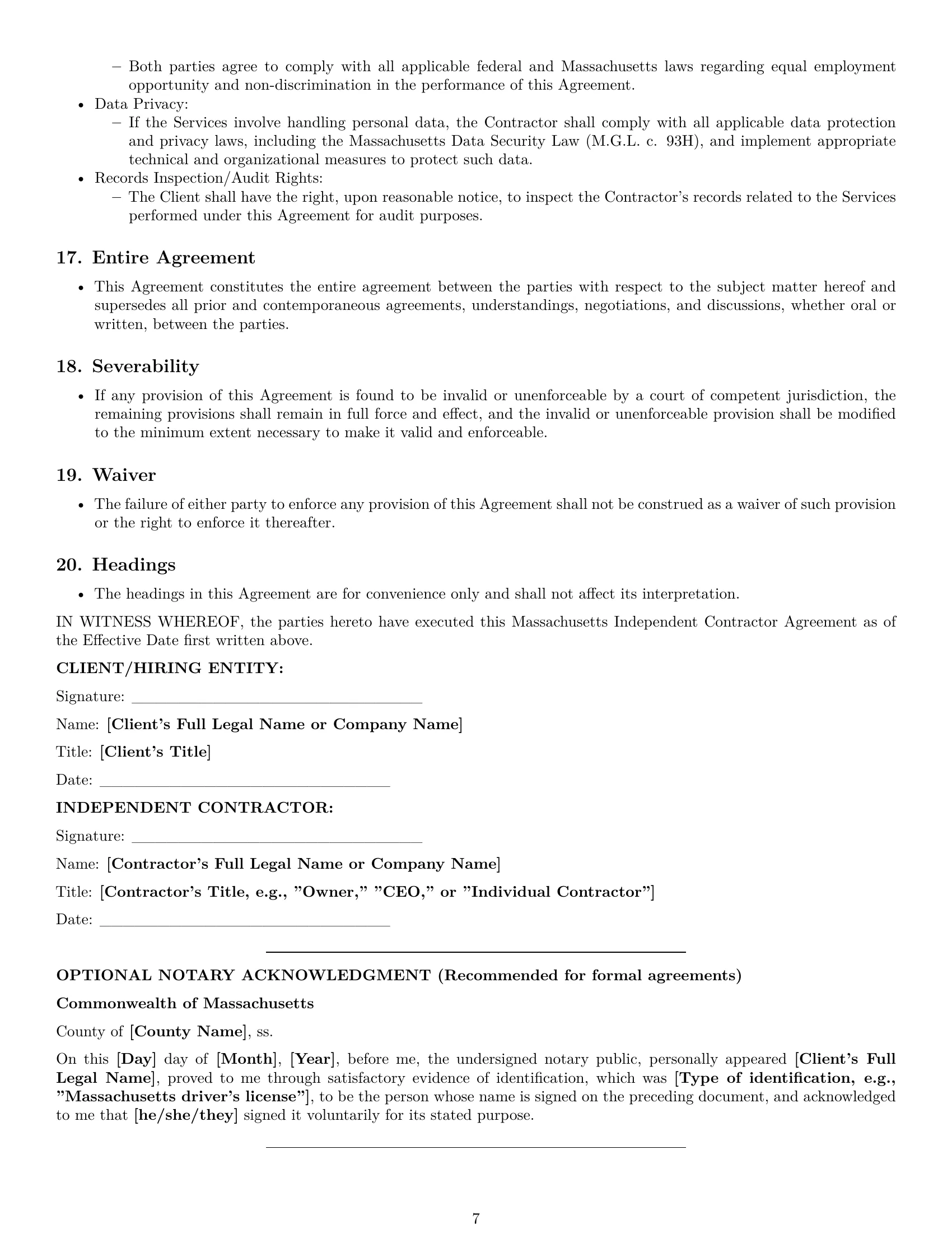 Preview page 7 of Pro Massachusetts independent contractor agreement template