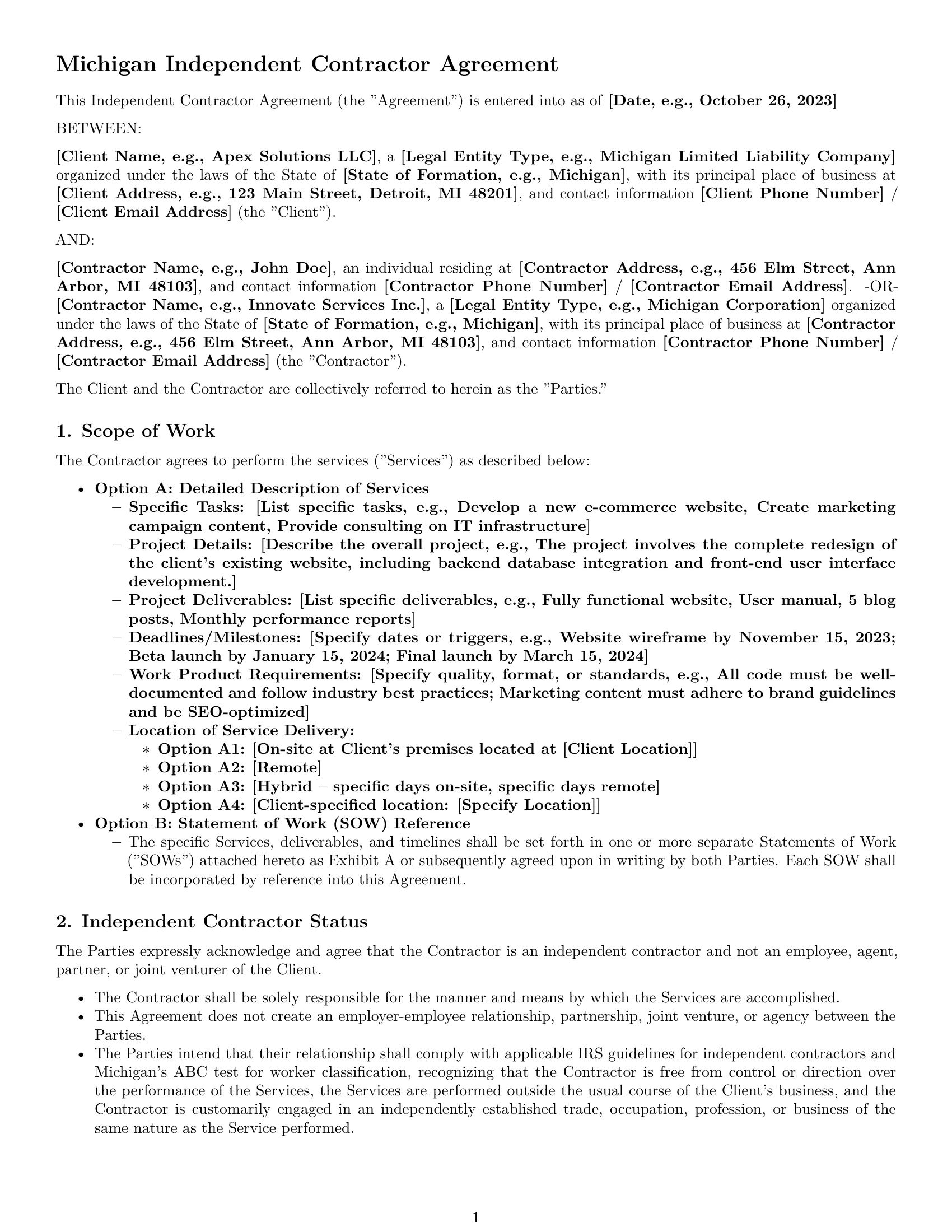 Preview page 1 of Pro Michigan independent contractor agreement template