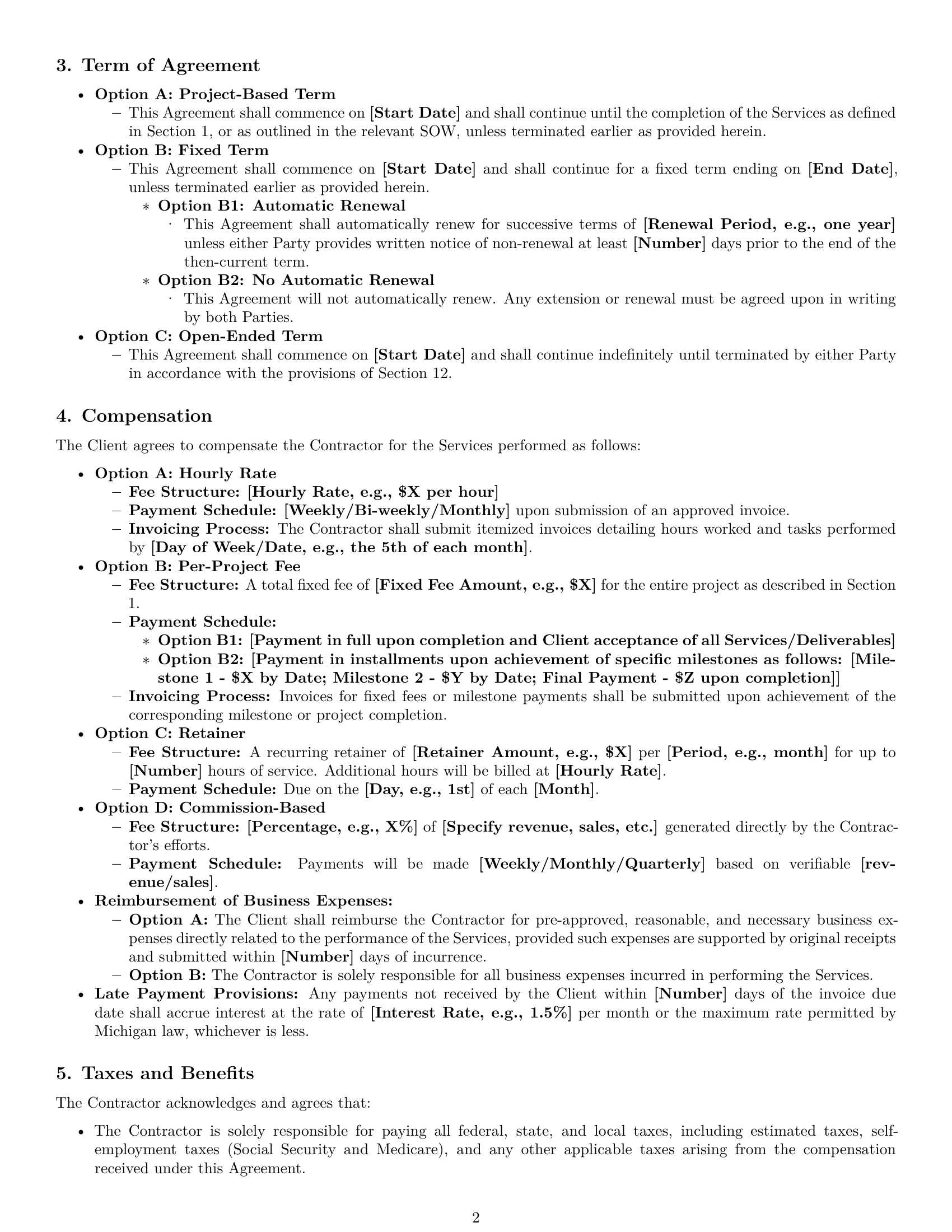 Preview page 2 of Pro Michigan independent contractor agreement template